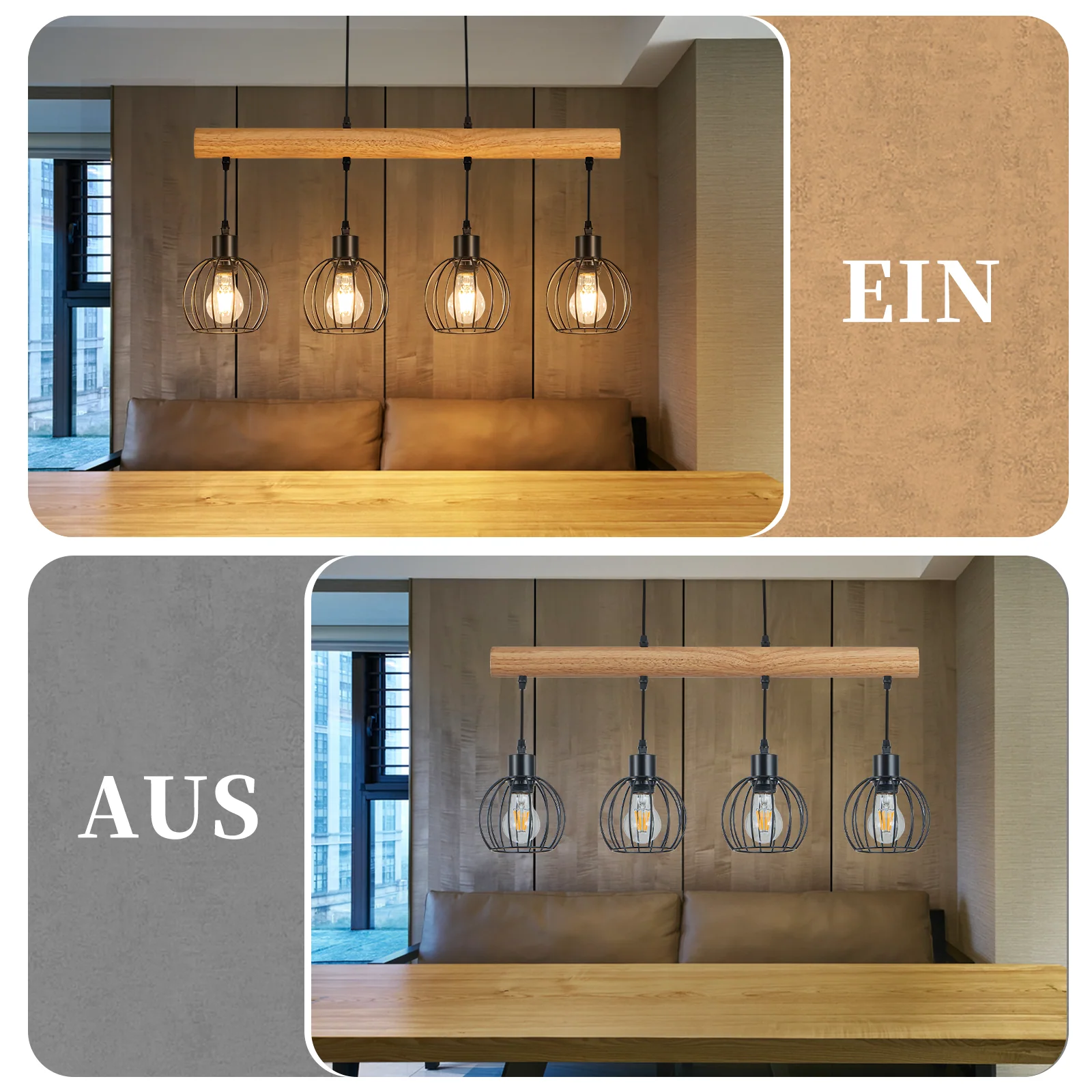 ZMH Hängelampe 4 flammig Vintage Industrial Holz Höhenverstellbar Pendelleuchte für Wohnzimmer Bar - Image 6