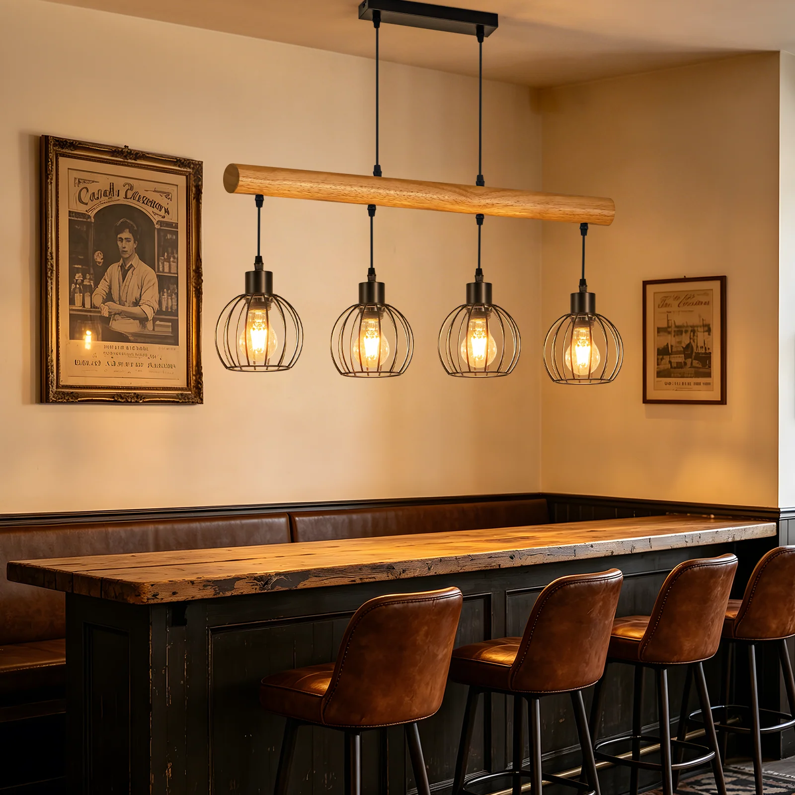 ZMH Hängelampe 4 flammig Vintage Industrial Holz Höhenverstellbar Pendelleuchte für Wohnzimmer Bar - Image 9