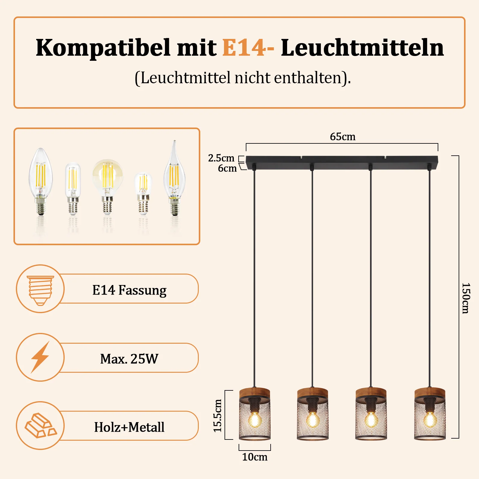 ZMH Hängelampe Vintage Holz 4 flammig Retro E14 Metall Deko Pendelleuchte für Wohnzimmer Esszimmer - Image 5