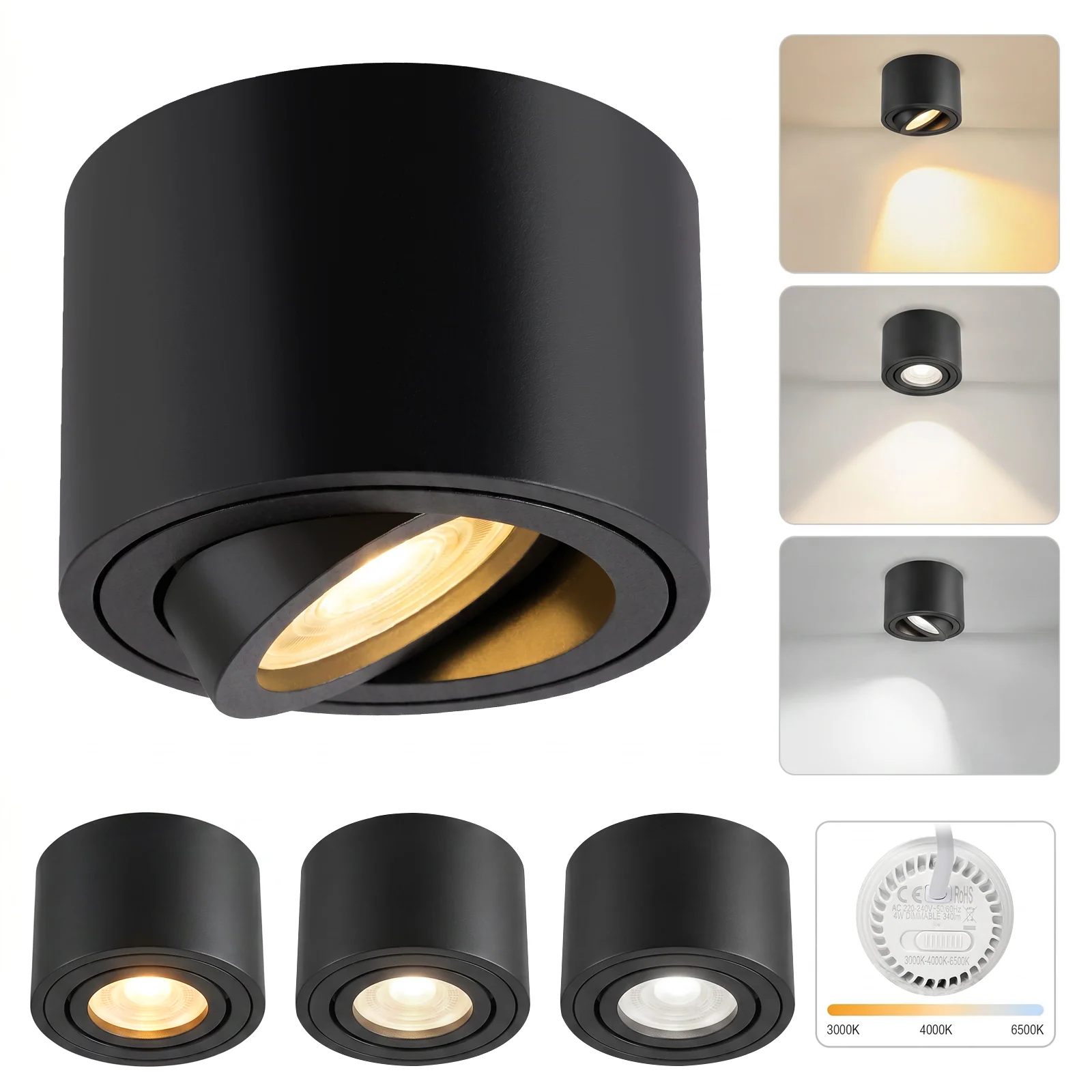 ZMH LED Aufbauspot Dimmbar Schwarz Extra Flach 30° Schwenkbar 4W Rund Deckenleuchte 4 Stück - Image 3
