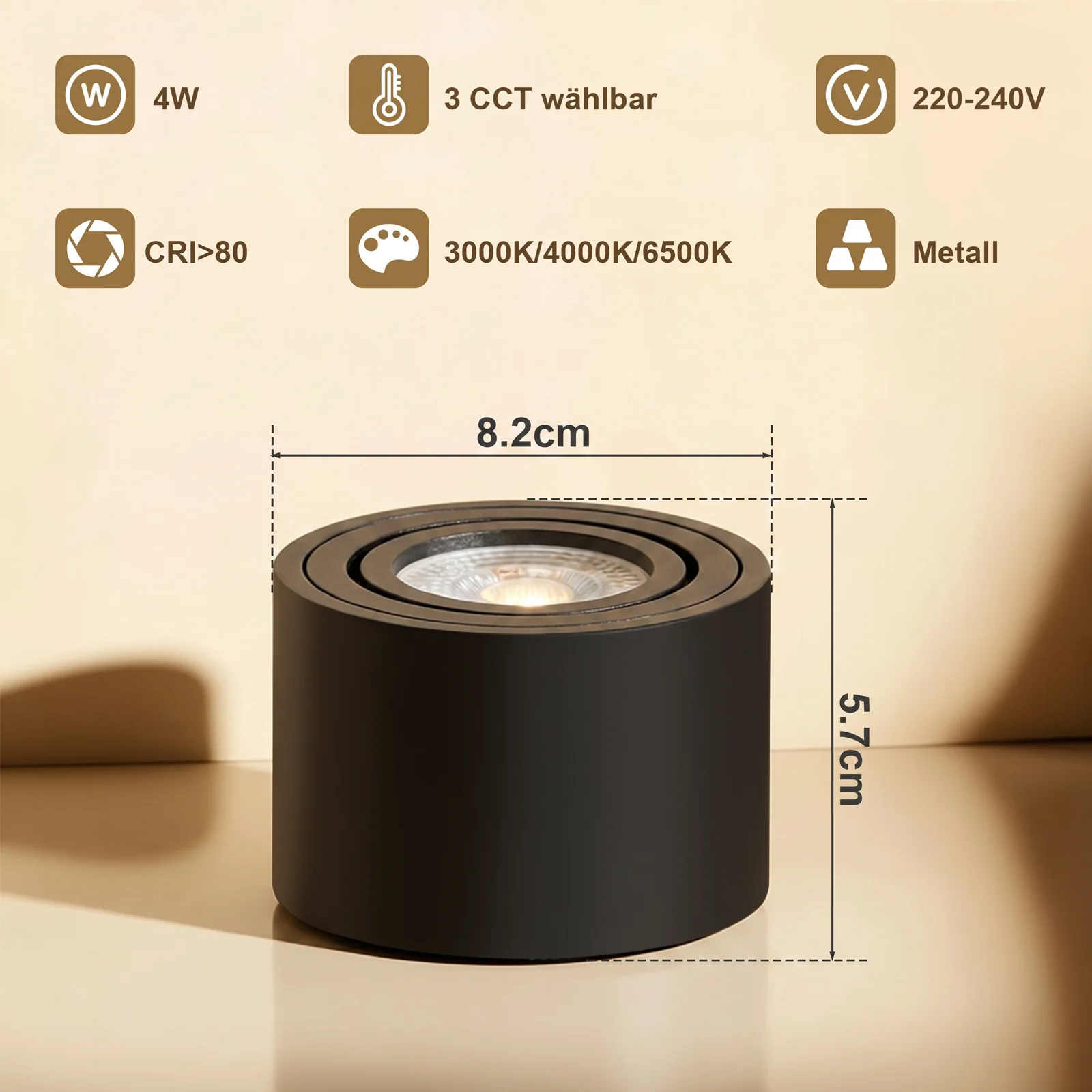 ZMH LED Aufbauspot Dimmbar Schwarz Extra Flach 30° Schwenkbar 4W Rund Deckenleuchte 4 Stück - Image 4