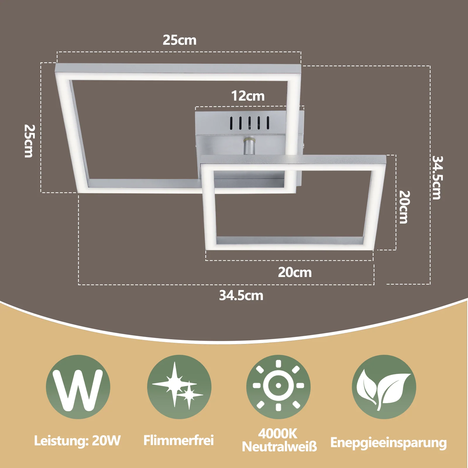 ZMH LED Deckenleuchte 20W Silber Neutralweiß Modern Drehbar Design Eckig Wohnzimmerlampe Für Küche - Image 7