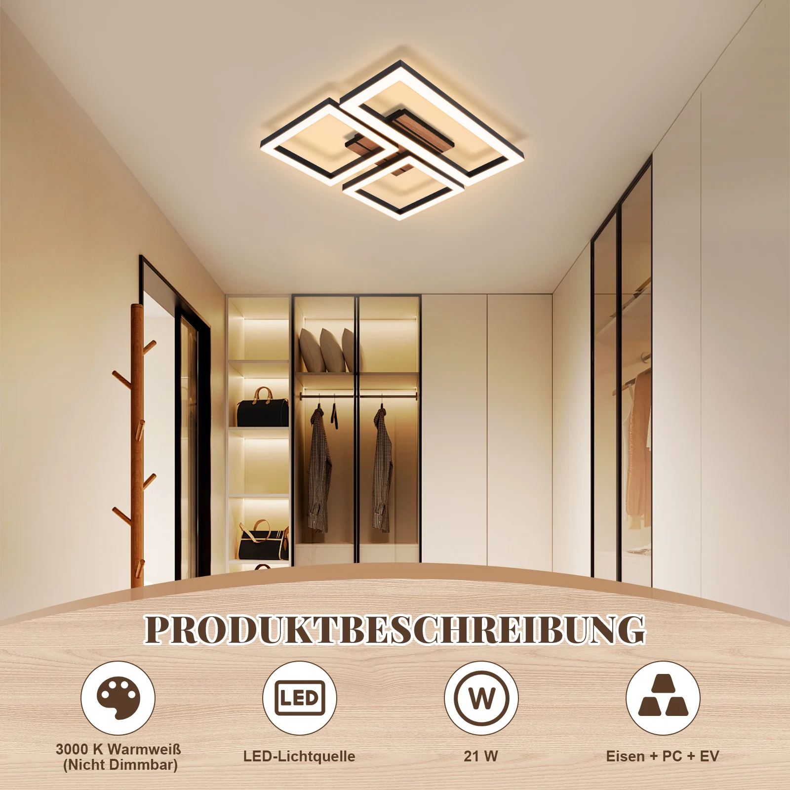 ZMH LED Deckenleuchte 21W Schwarz Modern Warmweiß Eckig in Holzoptik Deckenlampe für Wohnzimmer Flur - Image 5