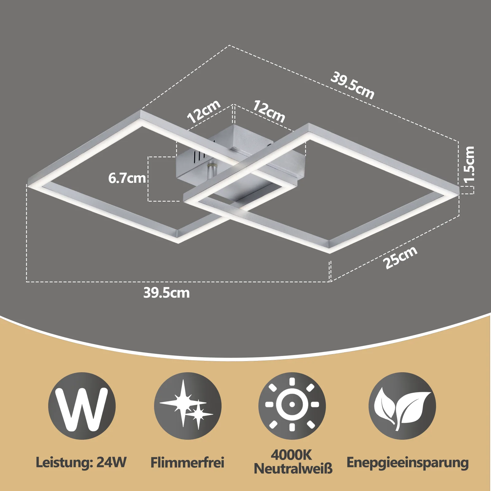 ZMH LED Deckenleuchte 24W Silber Neutralweiß Drehbar Modern Design Eckig Wohnzimmerlampe Für Küche - Image 6