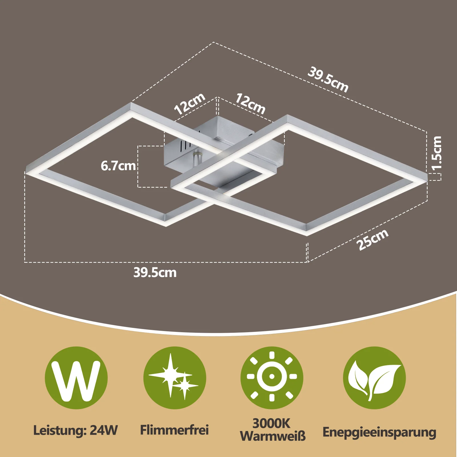 ZMH LED Deckenleuchte 24W Warmweiß Silber Drehbar Modern Design Eckig Wohnzimmerlampe Küche Flur - Image 5
