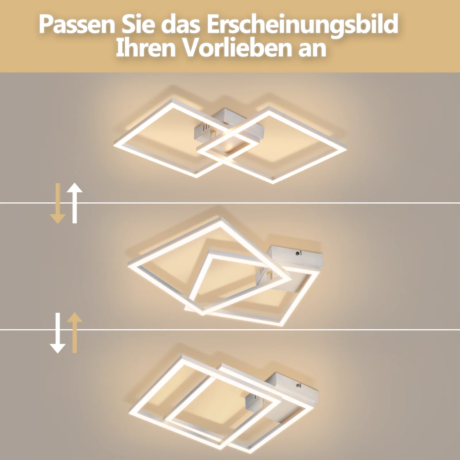 ZMH LED Deckenleuchte 24W Warmweiß Silber Drehbar Modern Design Eckig Wohnzimmerlampe Küche Flur - Image 6