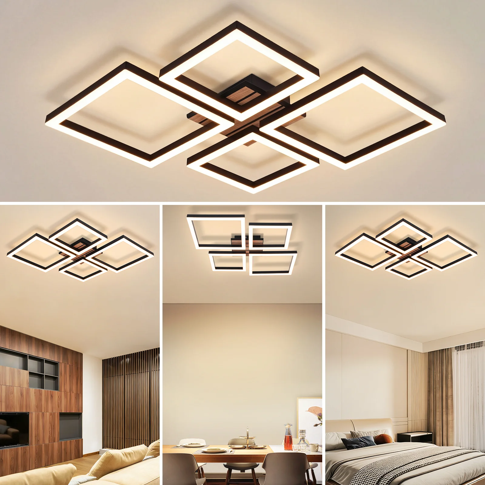 ZMH LED Deckenleuchte 32W Schwarz Modern Warmweiß Eckig in Holzoptik Deckenlampe für Wohnzimmer Flur - Image 3