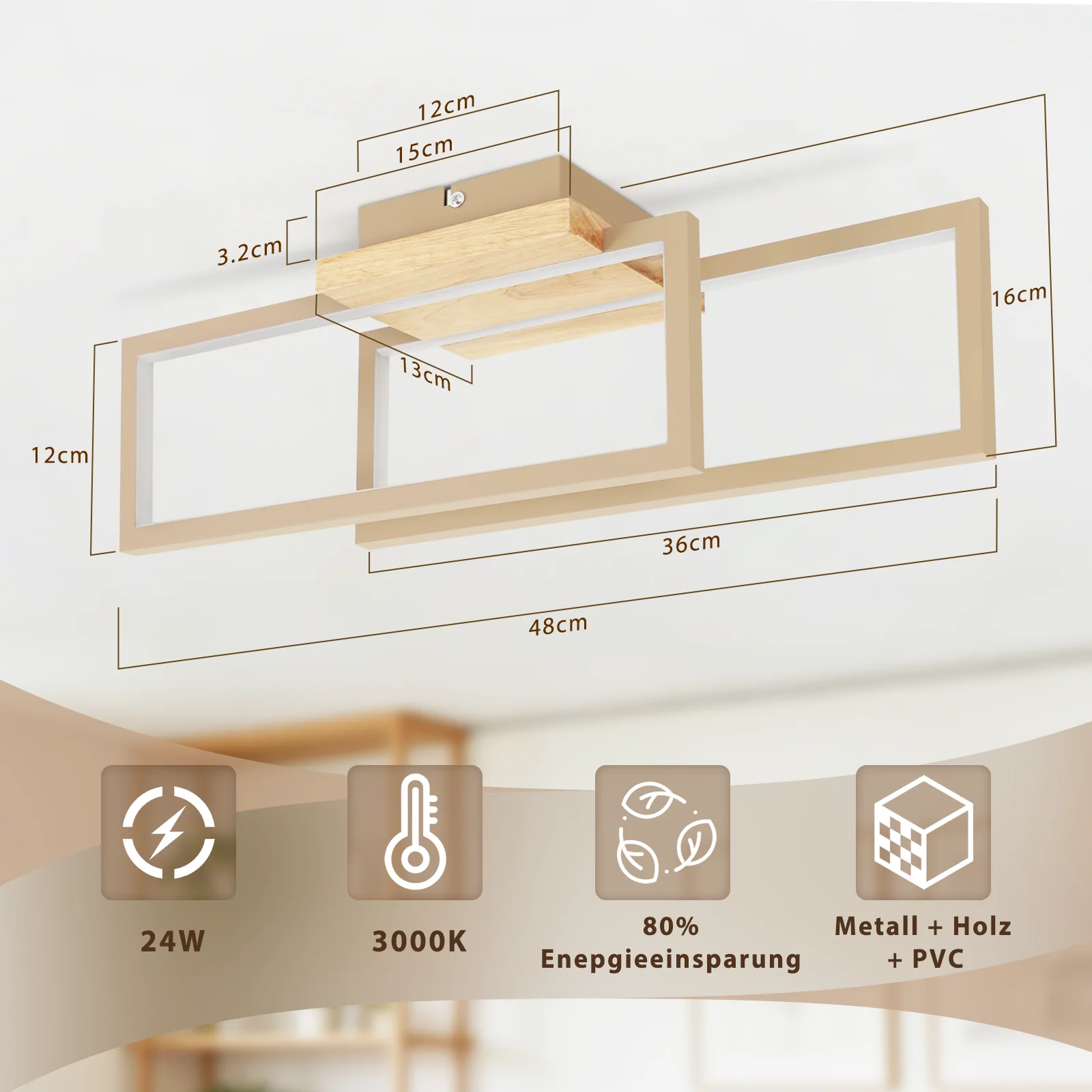 ZMH LED Deckenleuchte Holz 24W 3000K 48cm Rechteck Modern Design Wandlampe für Küche Wohnzimmer - Image 7