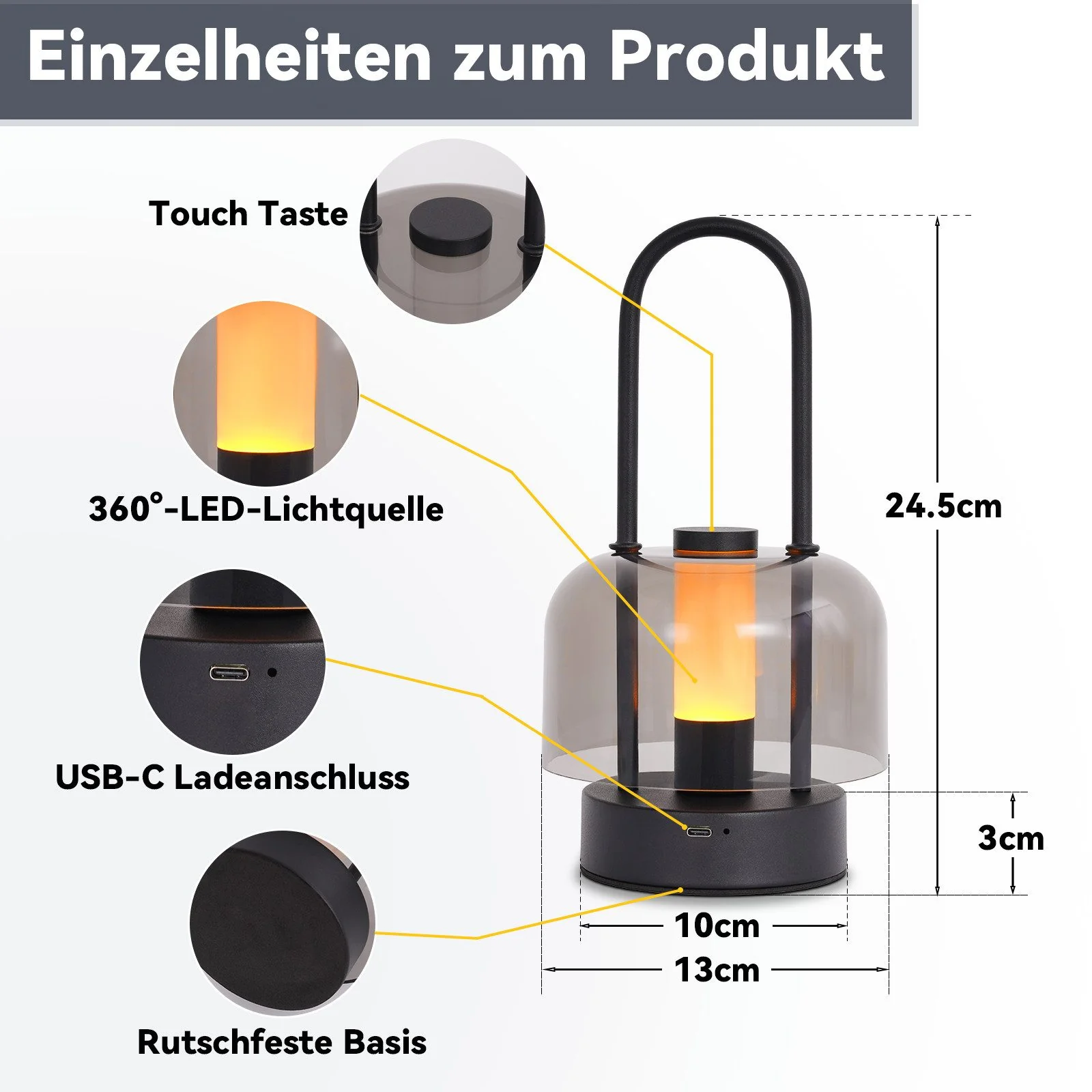 ZMH LED Nachttischlampe Schwarz Touch Dimmbar Kabellos Aufladbar Akku USB-C Tischlampe - Image 5