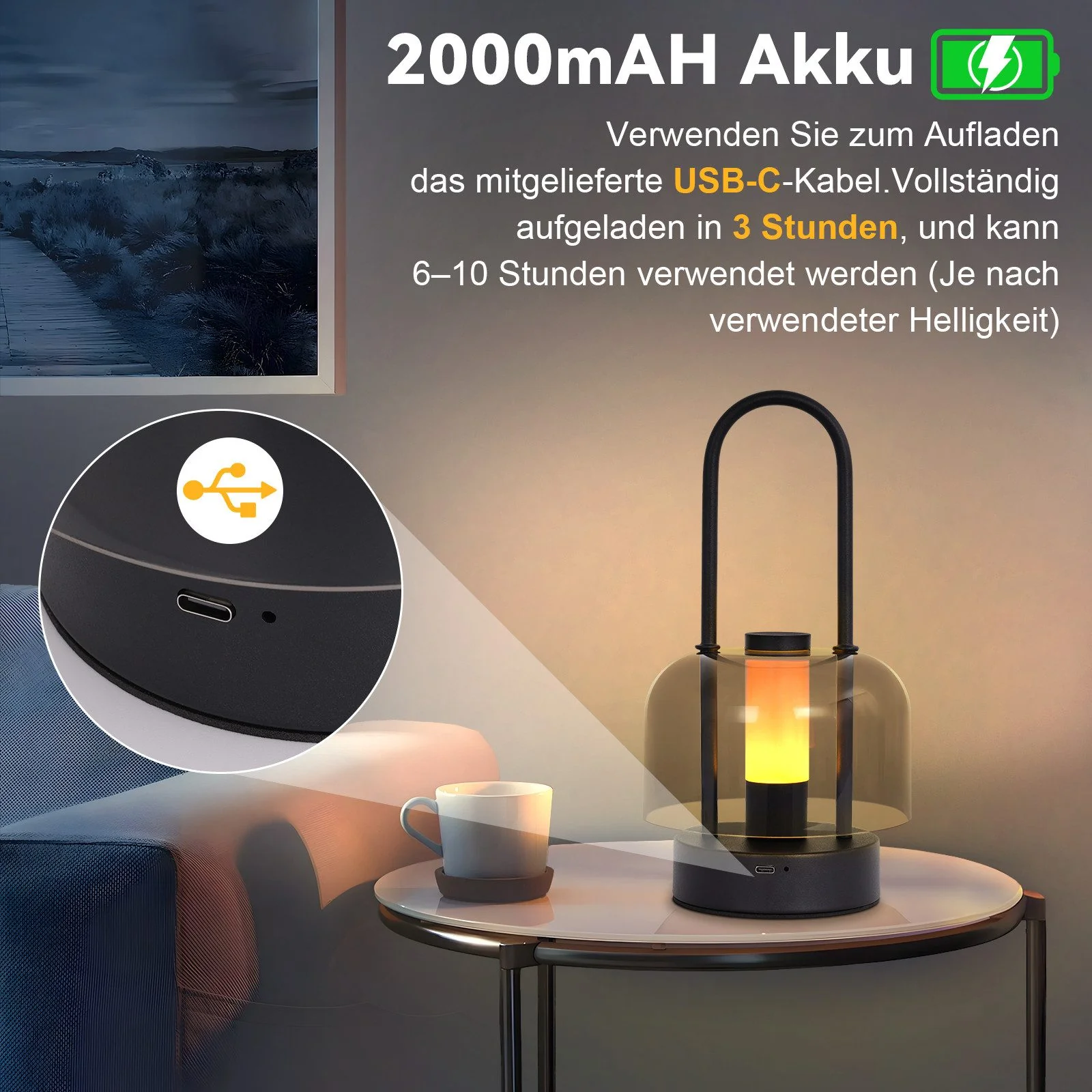 ZMH LED Nachttischlampe Schwarz Touch Dimmbar Kabellos Aufladbar Akku USB-C Tischlampe - Image 6