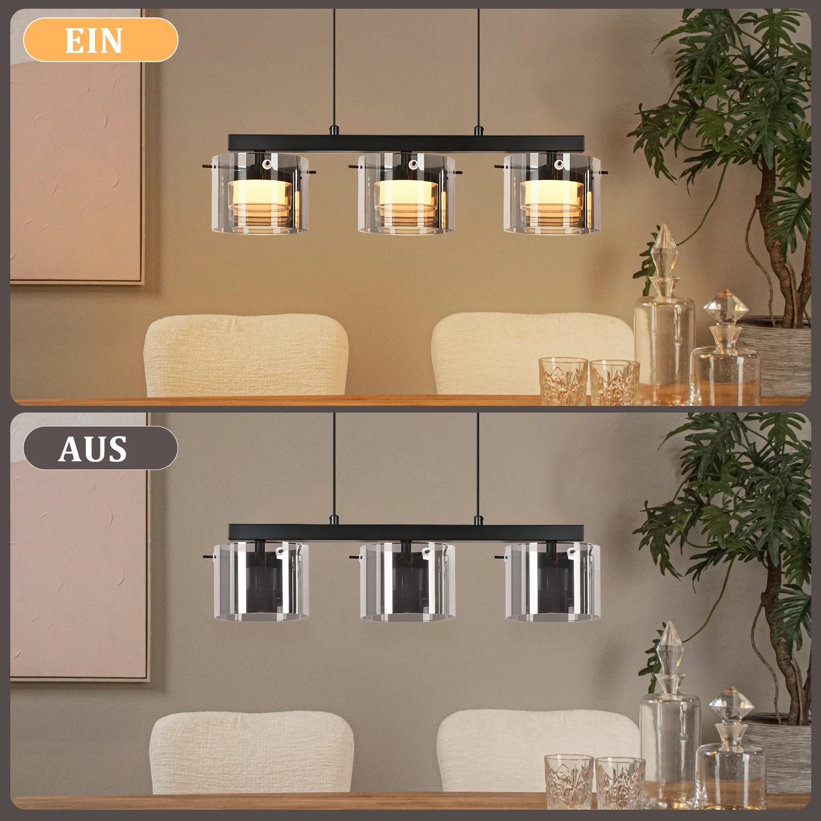 ZMH LED Pendelleuchte 3 Flammig Glas Höhenverstellbar Esstisch Hängelampe für Esszimmer Wohnzimmer - Image 4