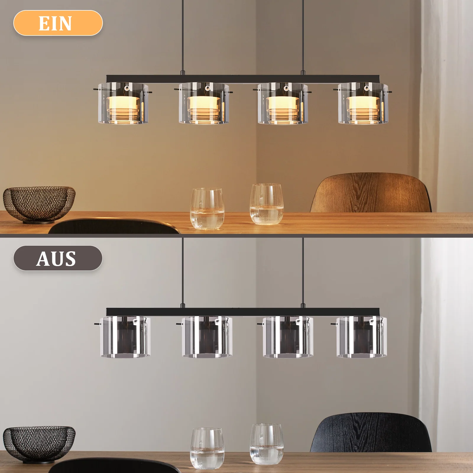 ZMH LED Pendelleuchte Glas 4 Flammig Höhenverstellbar Hängelampe für Esszimmer Wohnzimmer Flur - Image 5