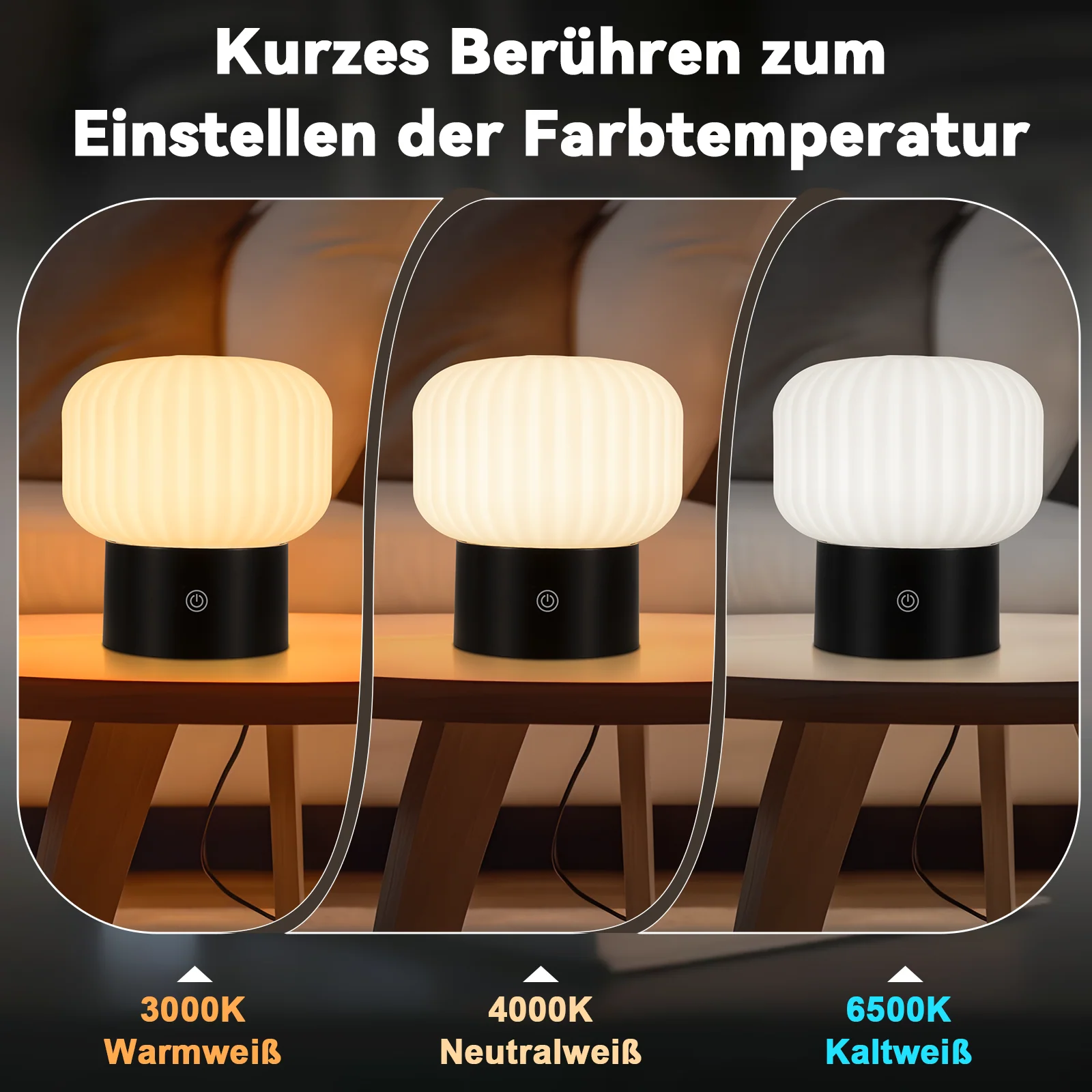 ZMH LED Tischlampe Kabellos Akku Weiß Dimmbar Touch Aufladbar Pilz Glas Nachttischlampe - Image 6