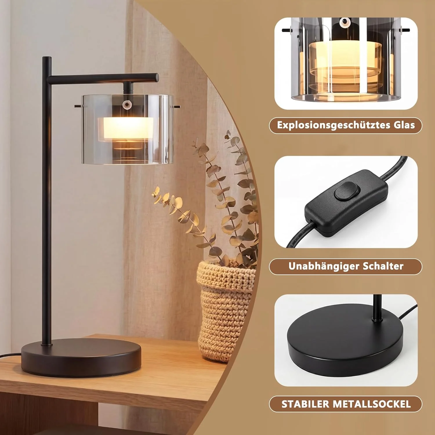 ZMH LED Tischlampe Rauchglas 8W Warmweiß Nachttischlampe für Wohnzimmer Schlafzimmer Büro - Image 4