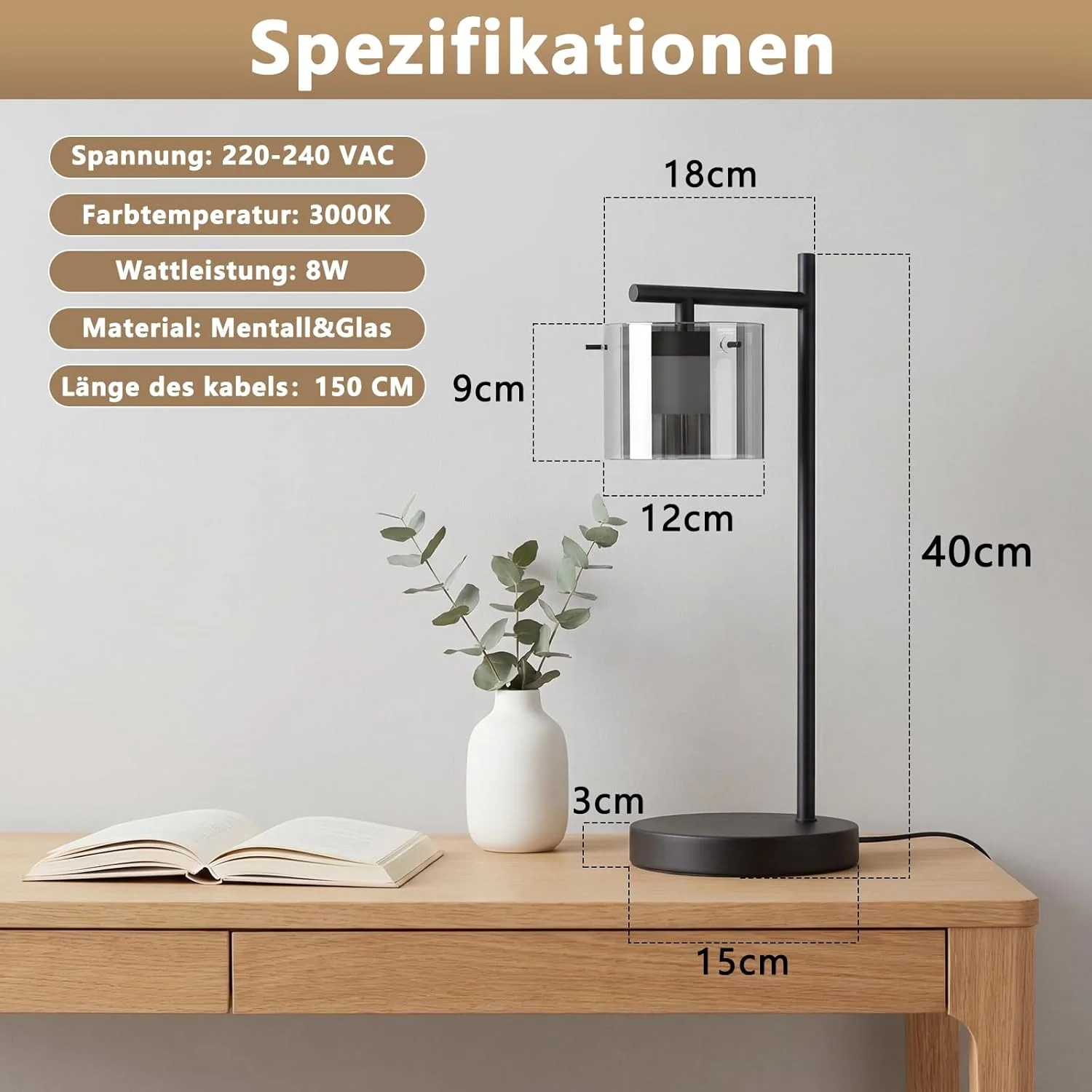 ZMH LED Tischlampe Rauchglas 8W Warmweiß Nachttischlampe für Wohnzimmer Schlafzimmer Büro - Image 5
