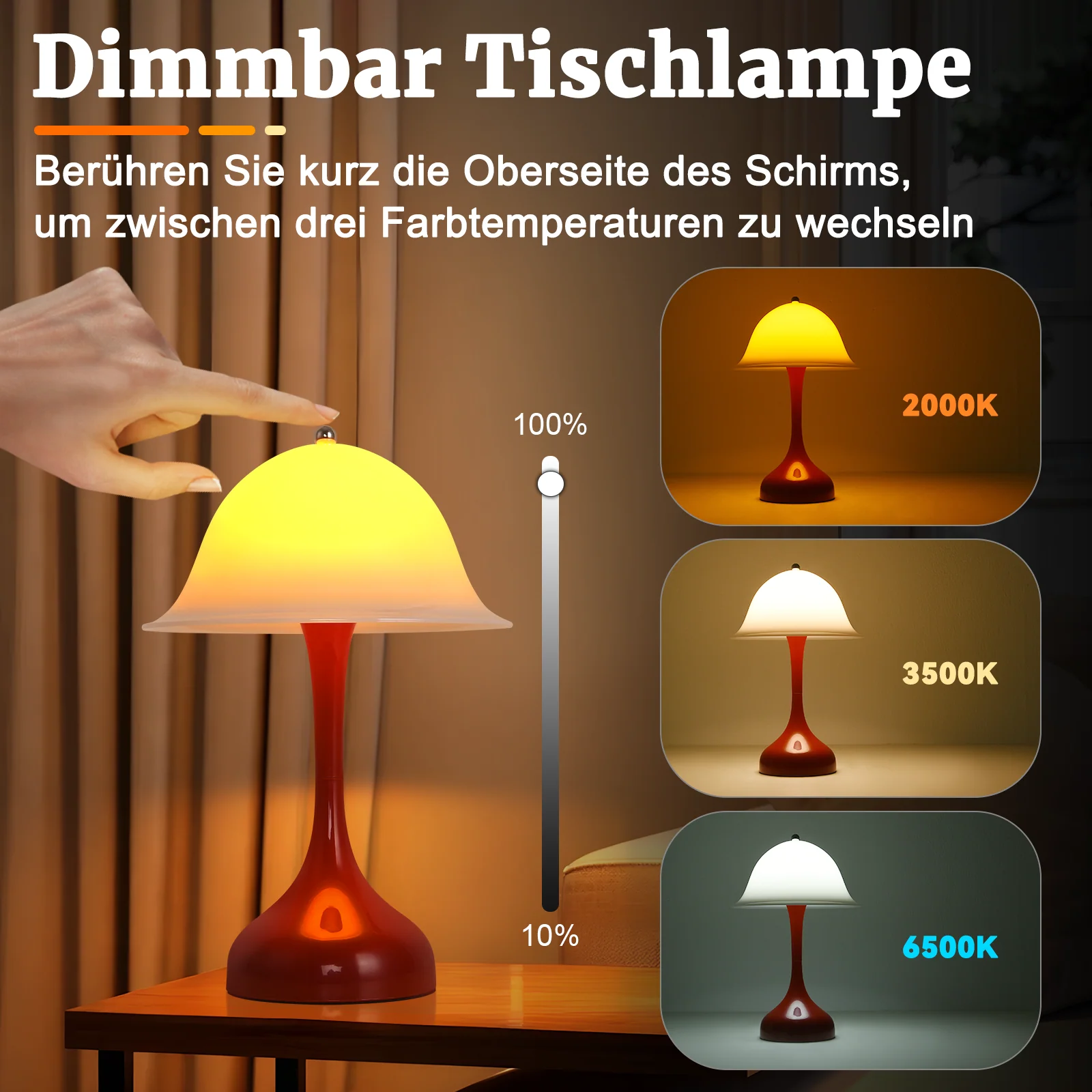 ZMH LED Tischleuchte Touch Dimmbar Weiß Hut Nachttischlampe für Wohnzimmer Schlafzimmer Esstisch - Image 24
