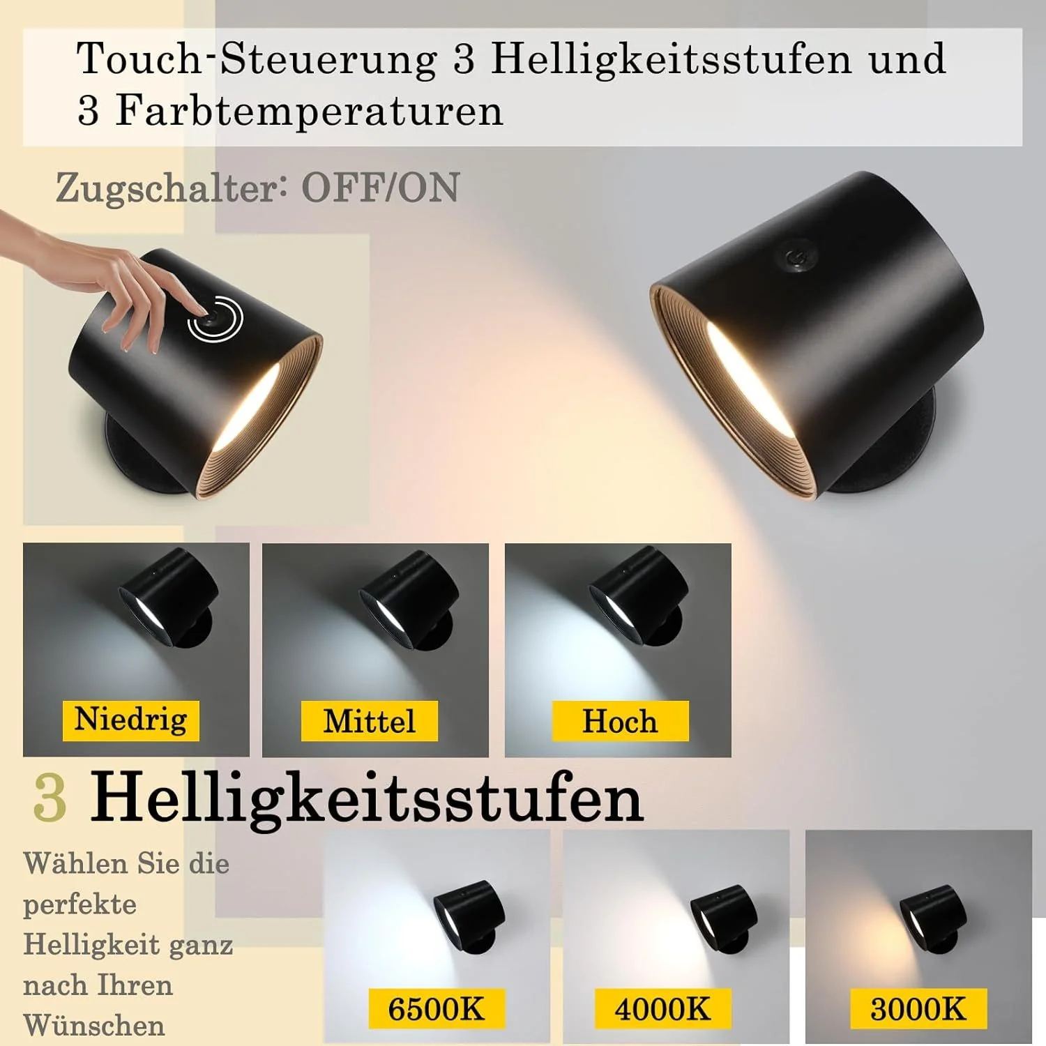 ZMH LED Wandleuchte Innen mit Akku 360° Drehbare Schwarz Kabellose Wandlampe Für Wohnzimmer - Image 11