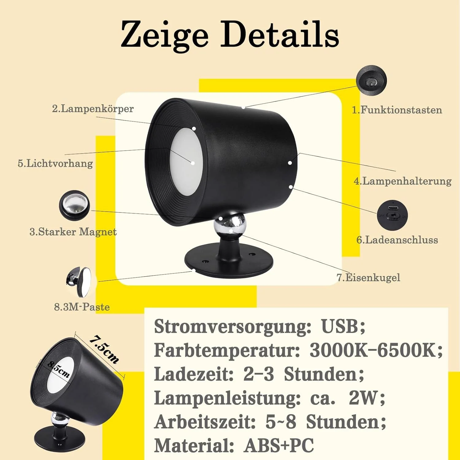 ZMH LED Wandleuchte Innen mit Akku 360° Drehbare Schwarz Kabellose Wandlampe Für Wohnzimmer - Image 5