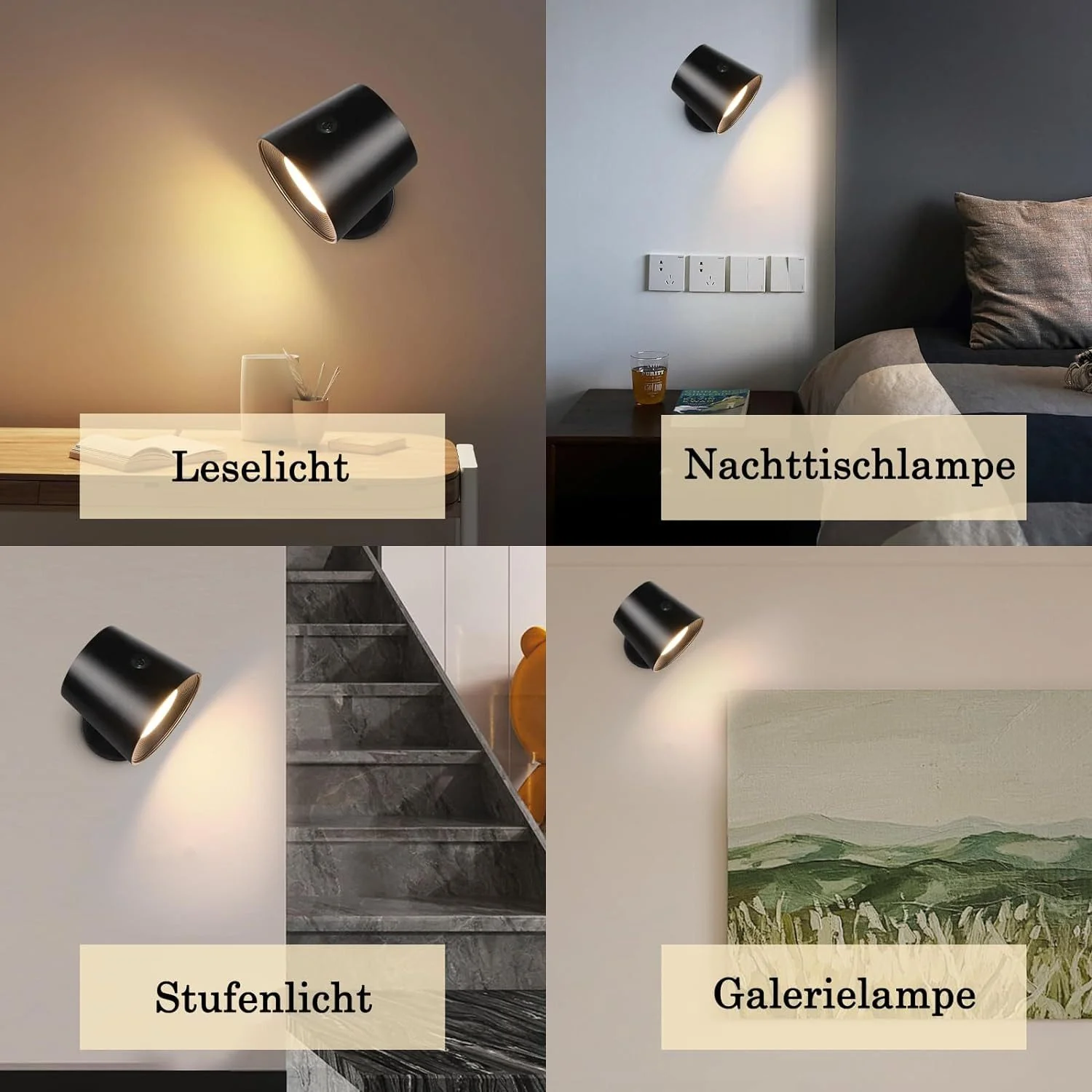 ZMH LED Wandleuchte Innen mit Akku 360° Drehbare Schwarz Kabellose Wandlampe Für Wohnzimmer - Image 6