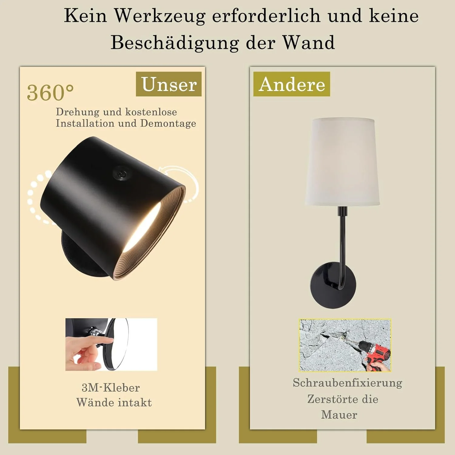 ZMH LED Wandleuchte Innen mit Akku 360° Drehbare Schwarz Kabellose Wandlampe Für Wohnzimmer - Image 7