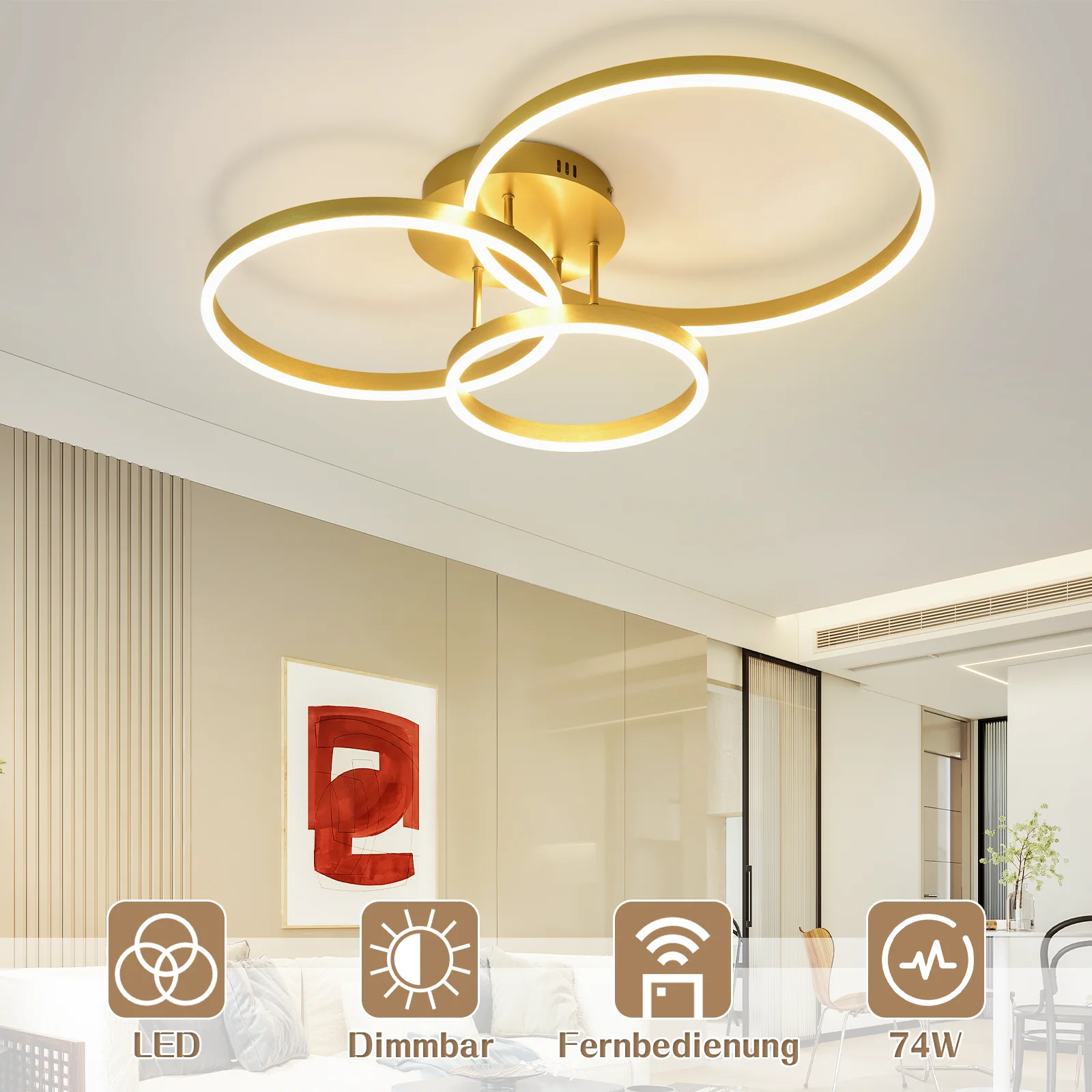 ZMH Modernes Design LED-Deckenleuchte - Ø82 cm - Dimmbar - Fernbedienung - Gold - 74W - Image 4