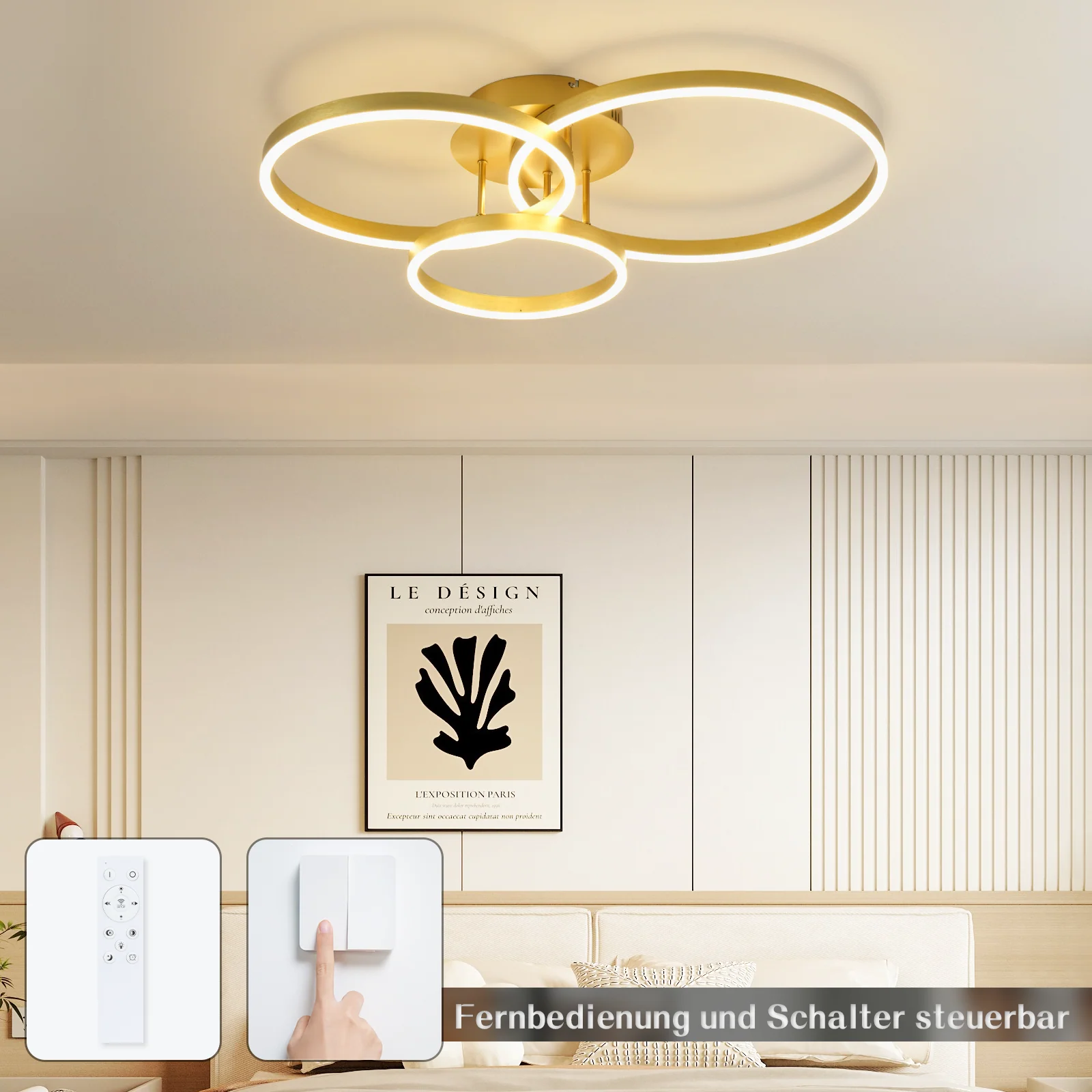 ZMH Modernes Design LED-Deckenleuchte - Ø82 cm - Dimmbar - Fernbedienung - Gold - 74W - Image 8