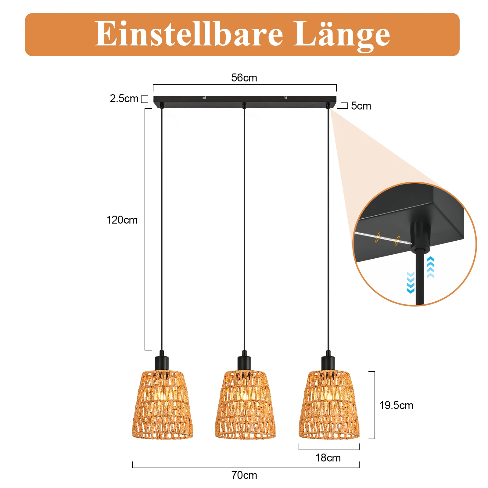 ZMH Pendelleuchte Boho Rattan 3 flammig Esstischlampe Retro Design E27 Hängelampe für Wohnzimmer - Image 5