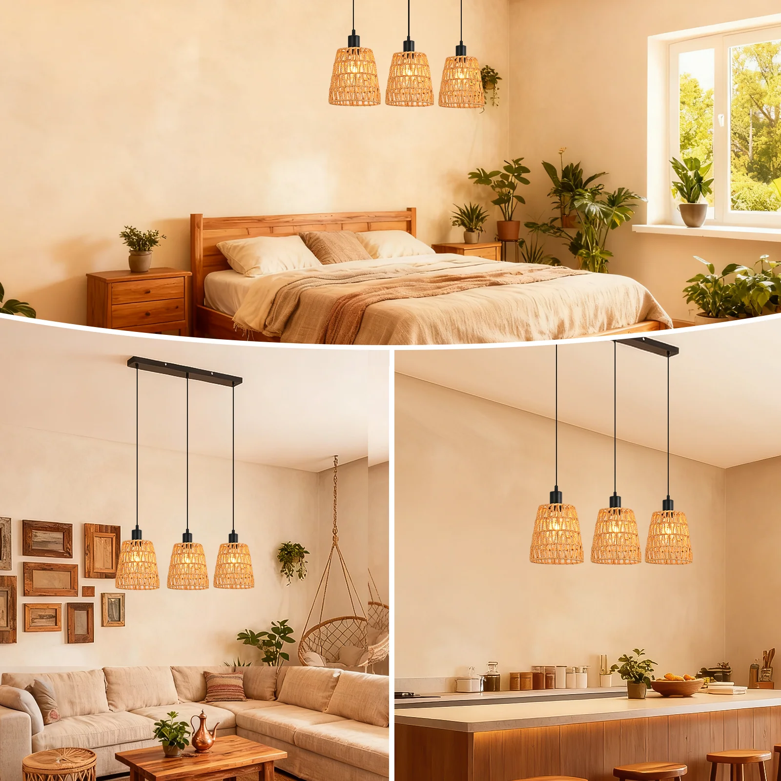 ZMH Pendelleuchte Boho Rattan 3 flammig Esstischlampe Retro Design E27 Hängelampe für Wohnzimmer - Image 8
