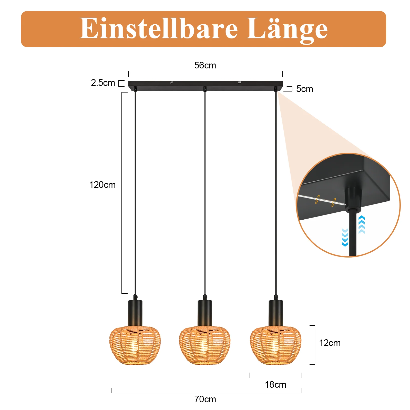 ZMH Pendelleuchte Boho Rattan 3 flammig Esstischlampe Retro Design E27 Rund Hängelampe - Image 6