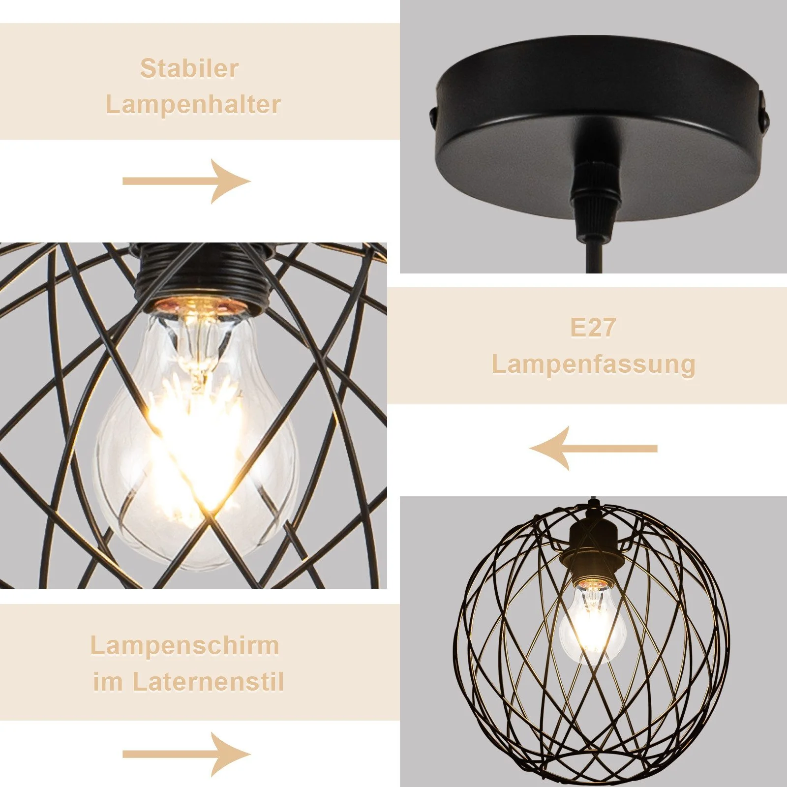 ZMH Pendelleuchte E27 1 Flammig 25cm Esstisch Rund Hängelampe Schwarz Retro Esszimmer Schlafzimmer - Image 5