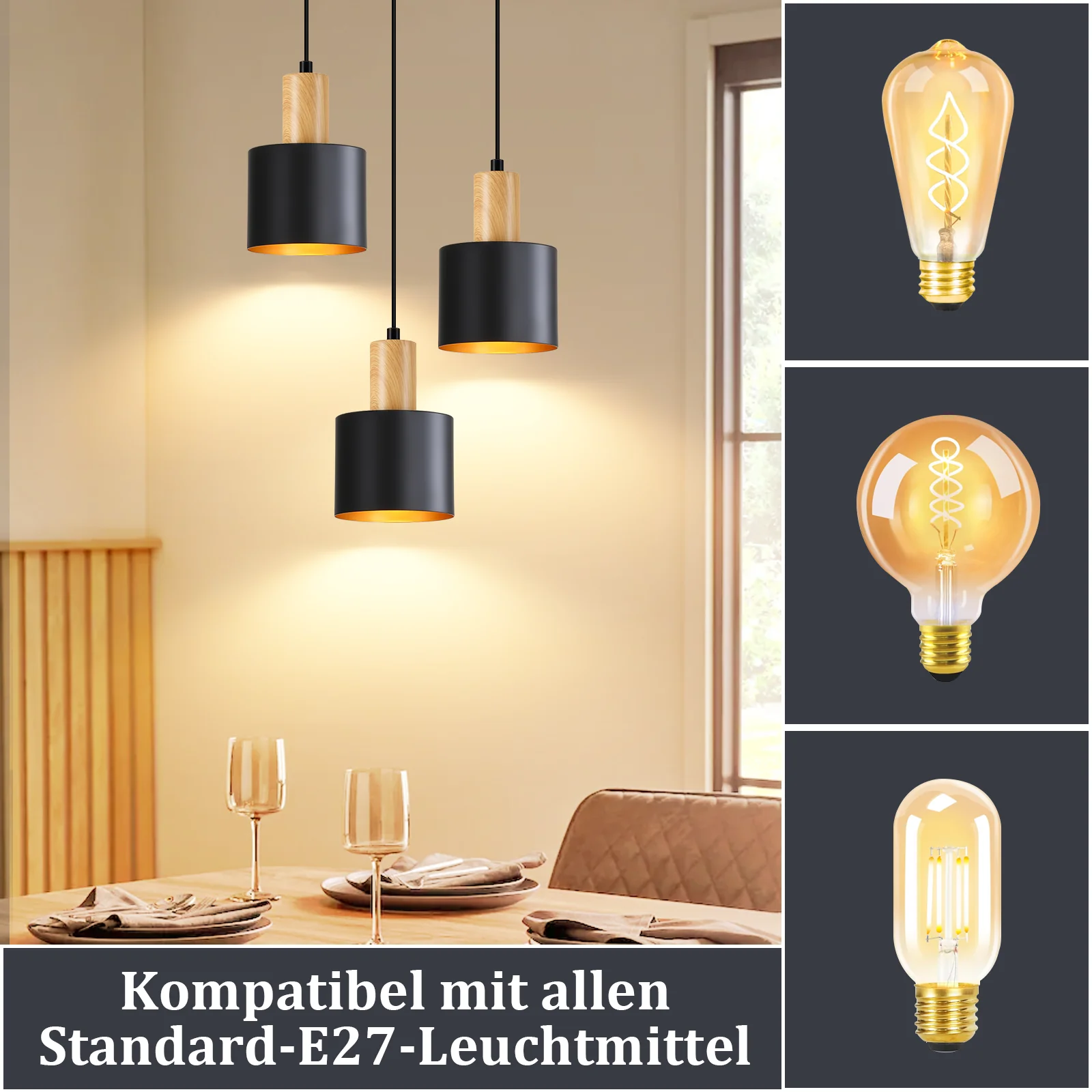 ZMH Pendelleuchte E27 Vintage 3 Flammig Schwarz Höhenverstellbar Hängelampe Für Wohnzimmer Esszimmer - Image 4