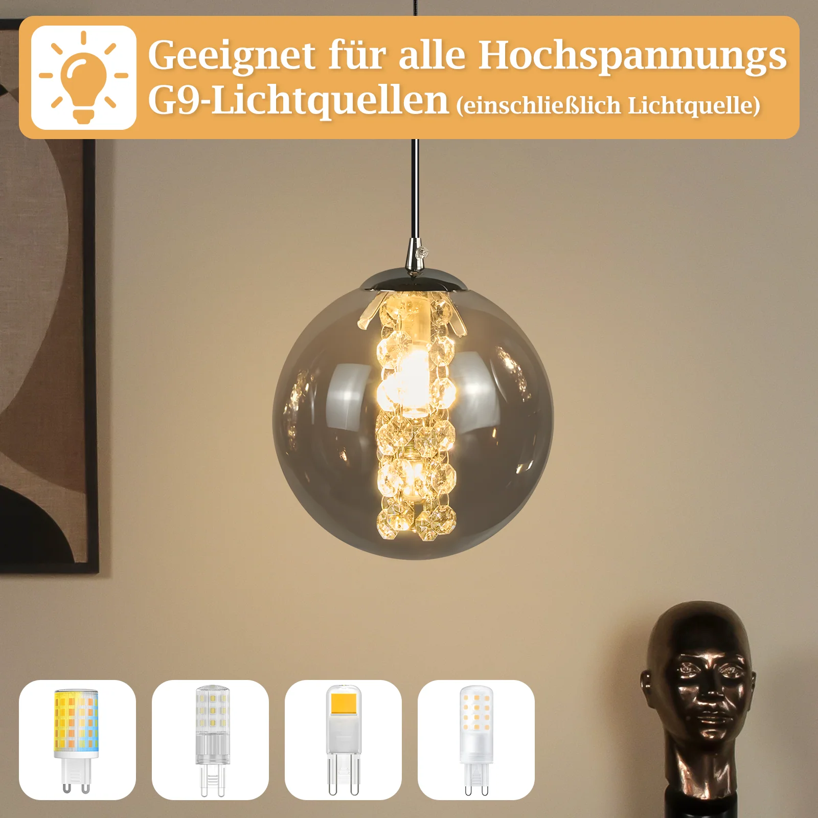ZMH Pendelleuchte Glas Modern 1 Flammig Rauchgrau 120CM Höhenverstellbar G9 Hängelampe für Esstisch - Image 5