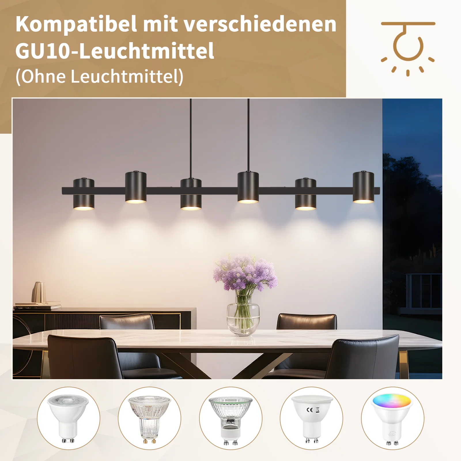 ZMH Pendelleuchte Schwarz 6 Flammig Metall 150cm GU10 Industrial Hängelampe für Esszimmer Wohnzimmer - Image 5