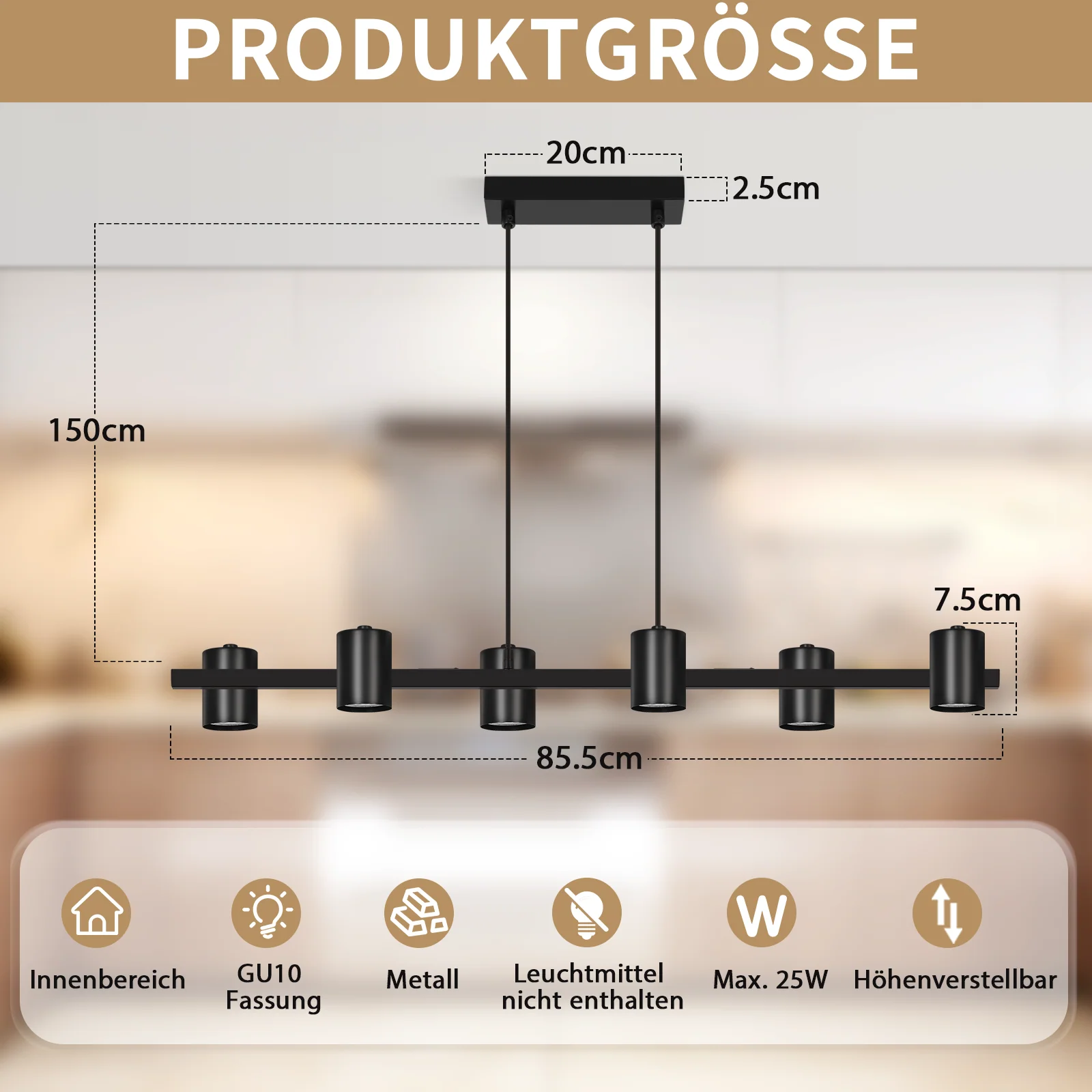 ZMH Pendelleuchte Schwarz 6 Flammig Metall 150cm GU10 Industrial Hängelampe für Esszimmer Wohnzimmer - Image 6