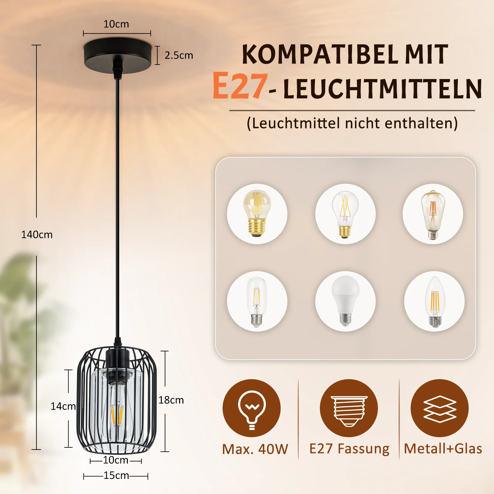ZMH Pendelleuchte Schwarz E27 Glas Innenschirm Retro 1 flammig Industrial Hängelampe für Esszimmer - Image 4