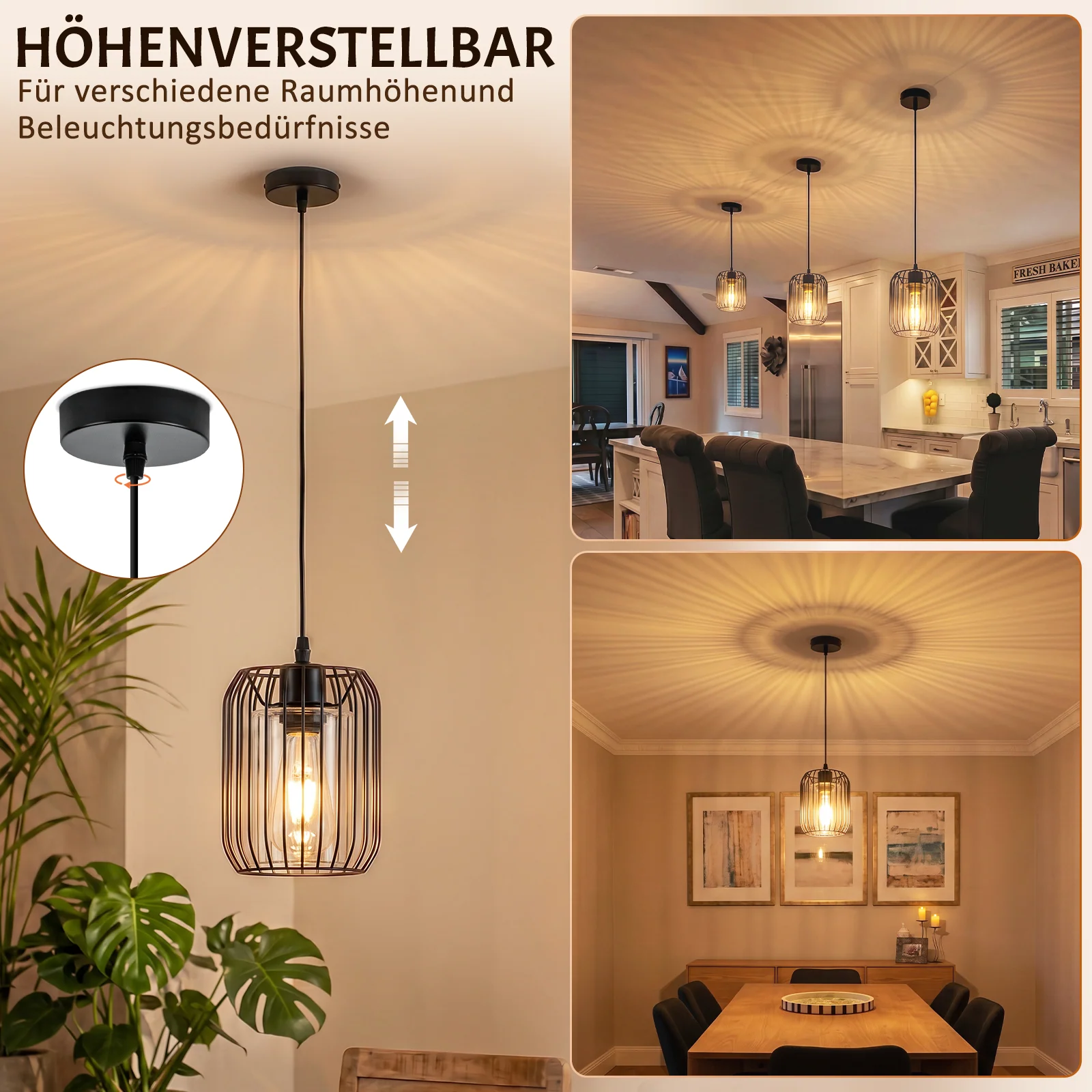 ZMH Pendelleuchte Schwarz E27 Glas Innenschirm Retro 1 flammig Industrial Hängelampe für Esszimmer - Image 5