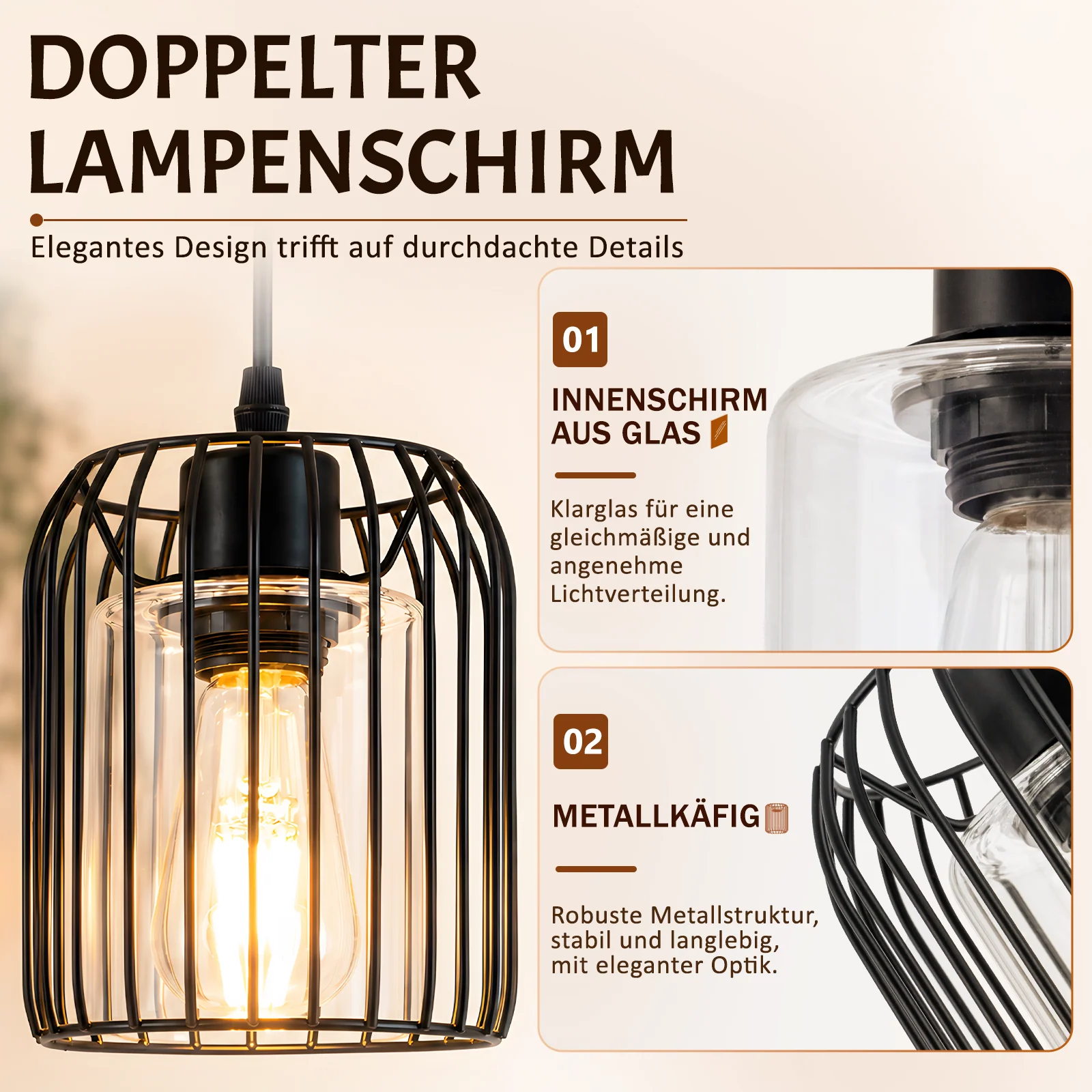 ZMH Pendelleuchte Schwarz E27 Glas Innenschirm Retro 1 flammig Industrial Hängelampe für Esszimmer - Image 7