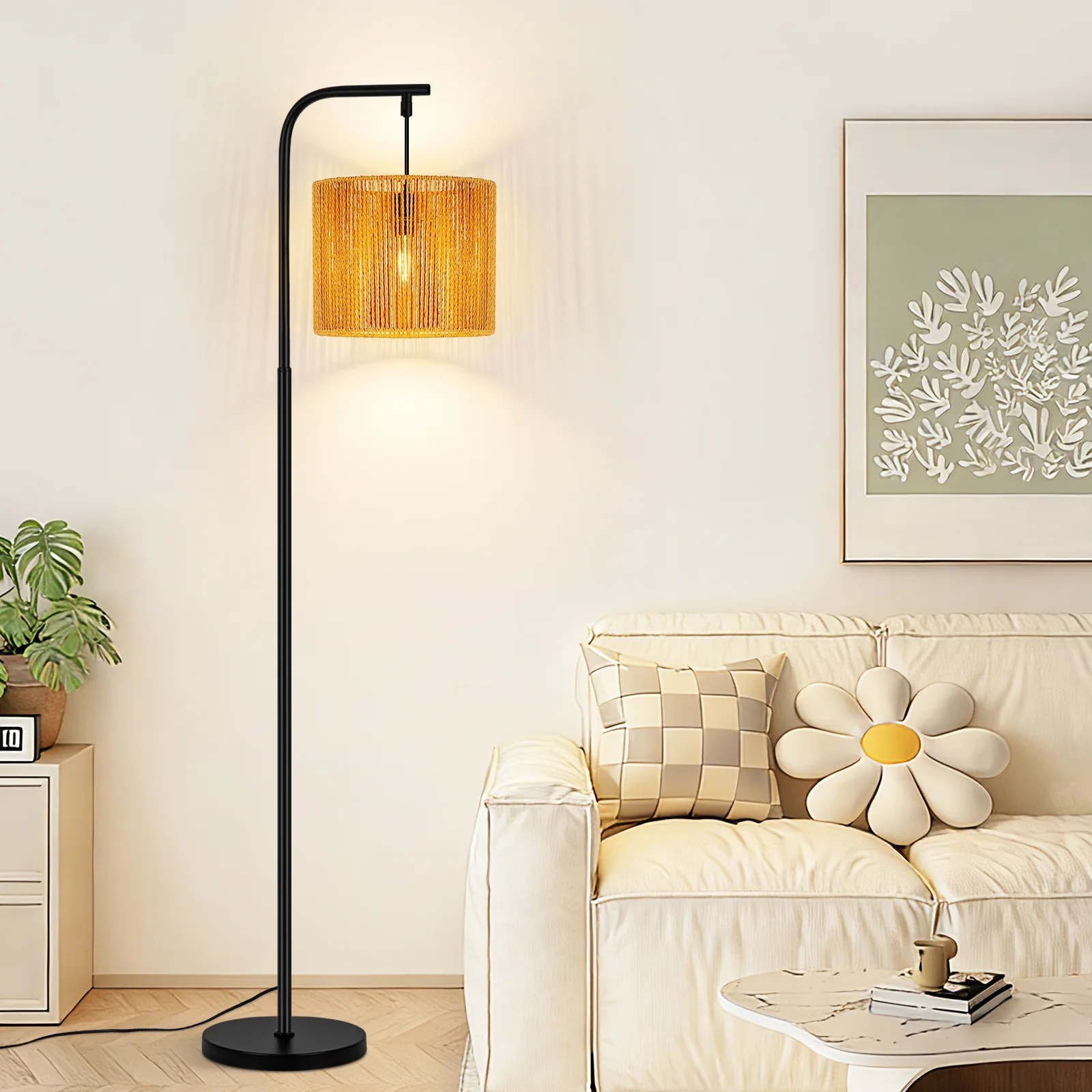 ZMH Stehlampe Boho Schwarz Seil Schirm mit Fußschalter E27 Standleuchte für Wohnzimmer Schlafzimmer - Image 9