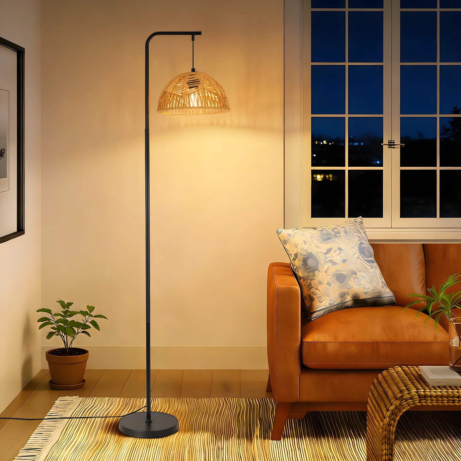ZMH Stehlampe Boho Seil Schirm Schwarz E27 Standleuchte Für Wohnzimmer Schlafzimmer Esszimmer - Image 2
