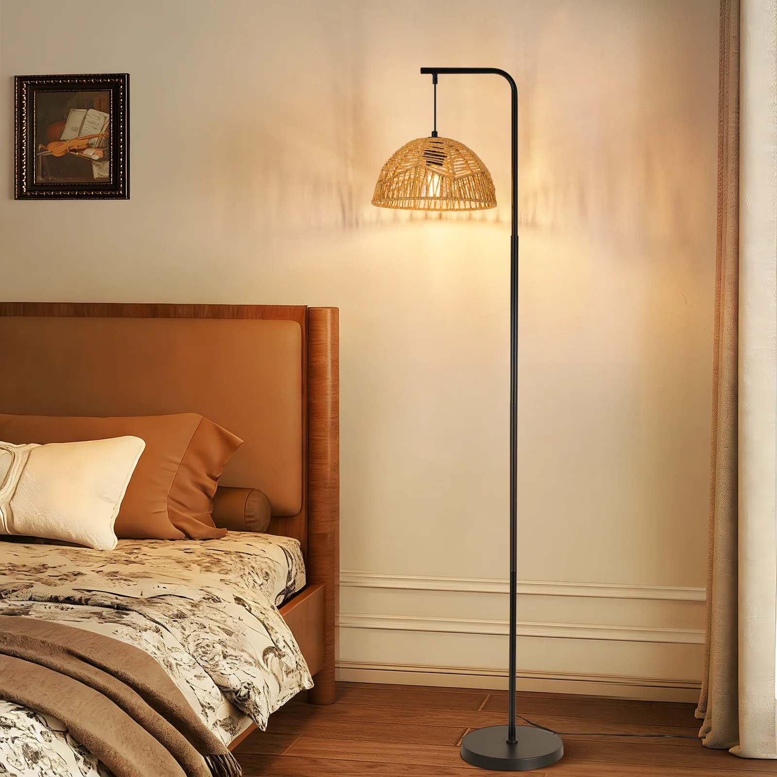 ZMH Stehlampe Boho Seil Schirm Schwarz E27 Standleuchte Für Wohnzimmer Schlafzimmer Esszimmer - Image 3