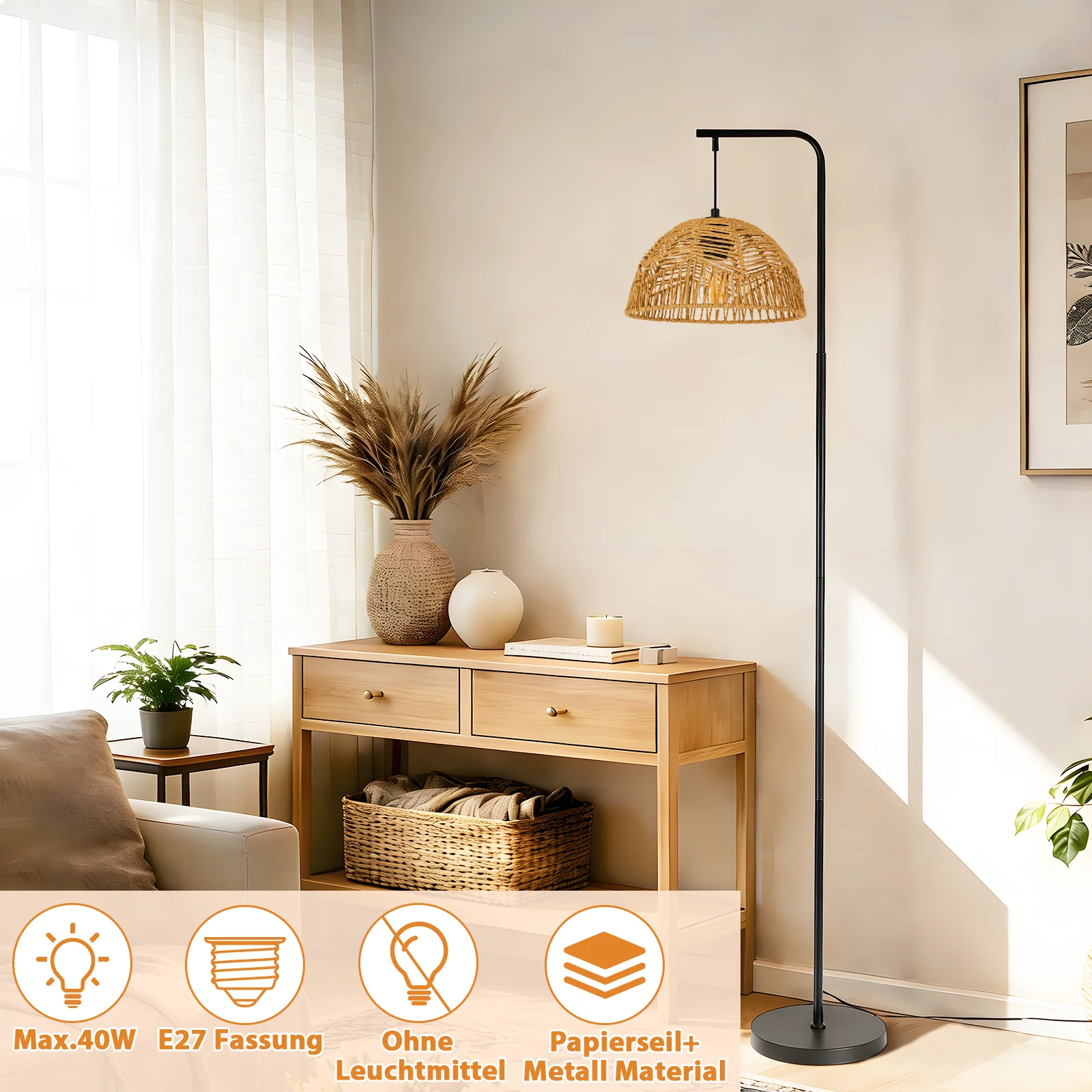 ZMH Stehlampe Boho Seil Schirm Schwarz E27 Standleuchte Für Wohnzimmer Schlafzimmer Esszimmer - Image 4