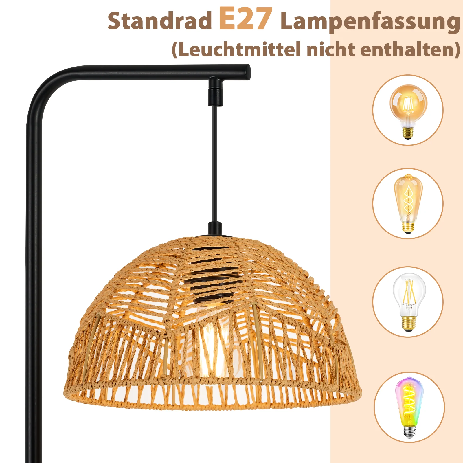 ZMH Stehlampe Boho Seil Schirm Schwarz E27 Standleuchte Für Wohnzimmer Schlafzimmer Esszimmer - Image 7