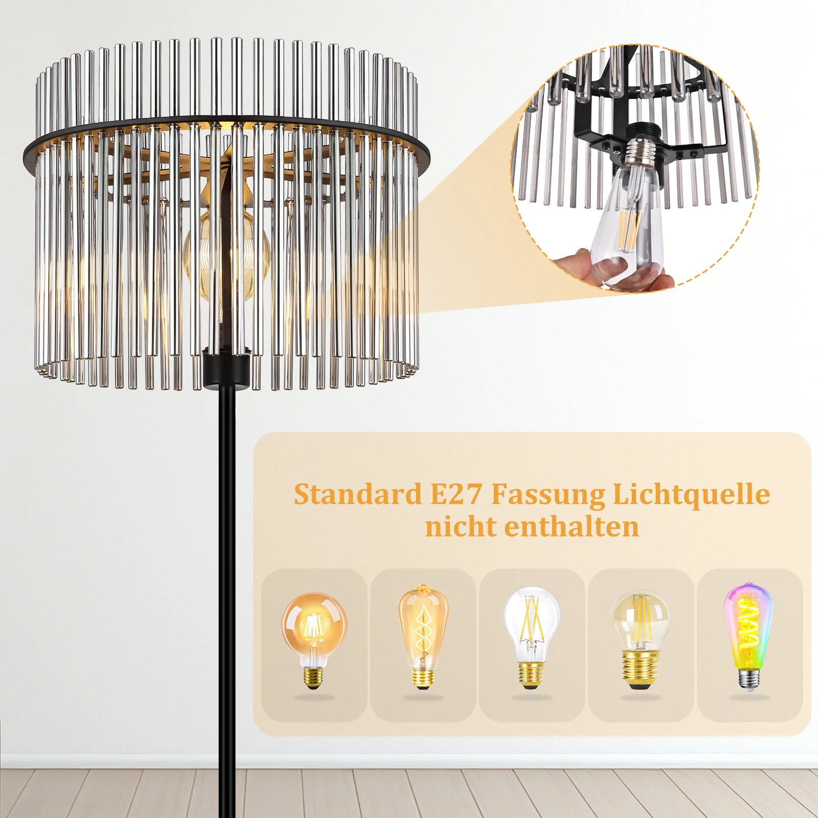 ZMH Stehlampe Schwarz Metall Modern E27 Glas mit Fußtaster Standleuchte für Schlafzimmer Büros - Image 6