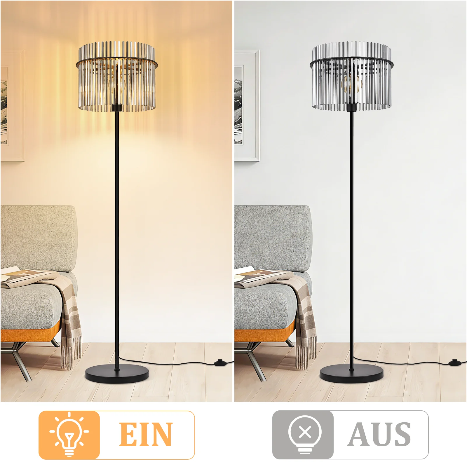 ZMH Stehlampe Schwarz Metall Modern E27 Glas mit Fußtaster Standleuchte für Schlafzimmer Büros - Image 8