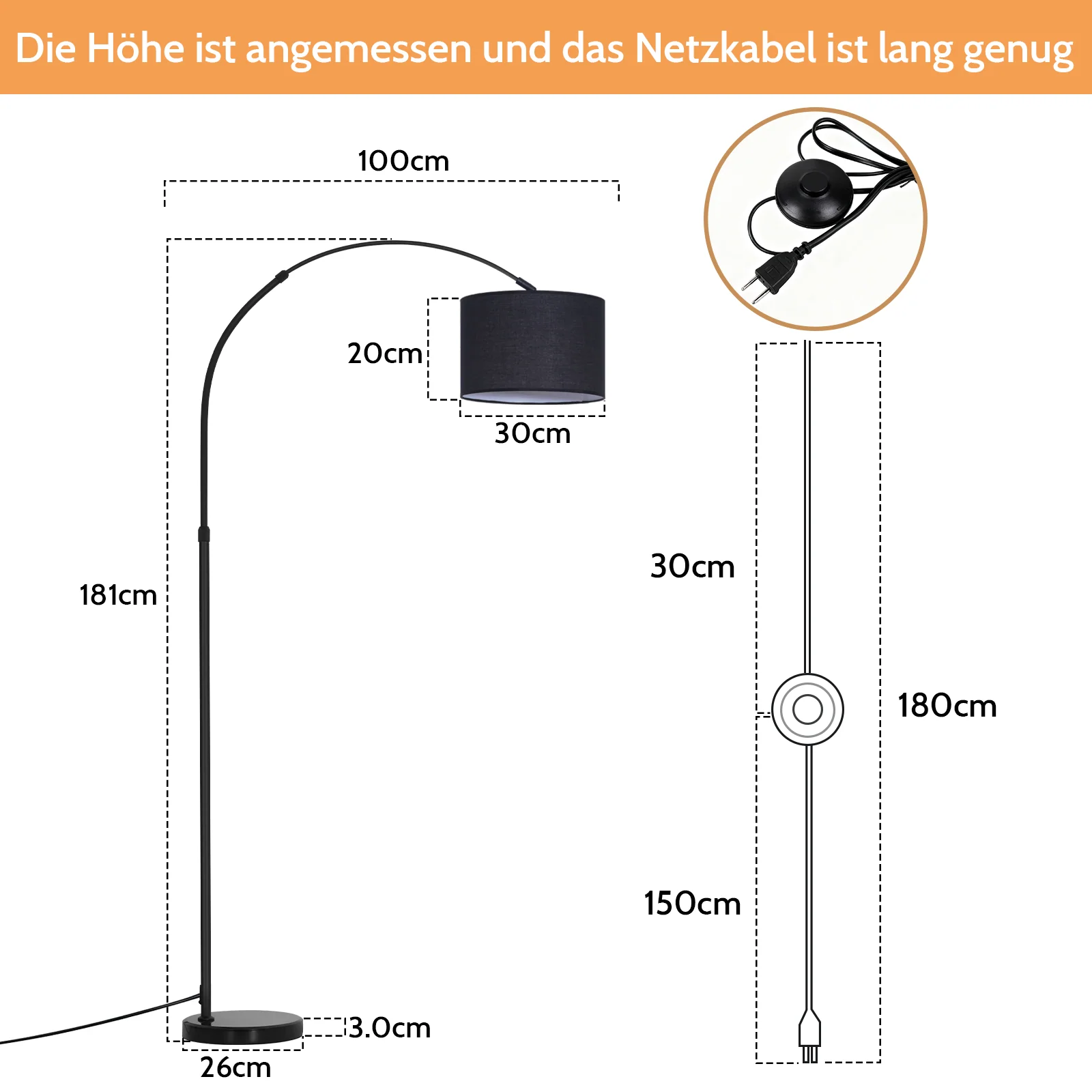 ZMH Stehlampe Stoffschirm 181CM mit Marmorsockel E27 Bogenlampe für Wohnzimmer Ohne Leuchtmittel - Image 6