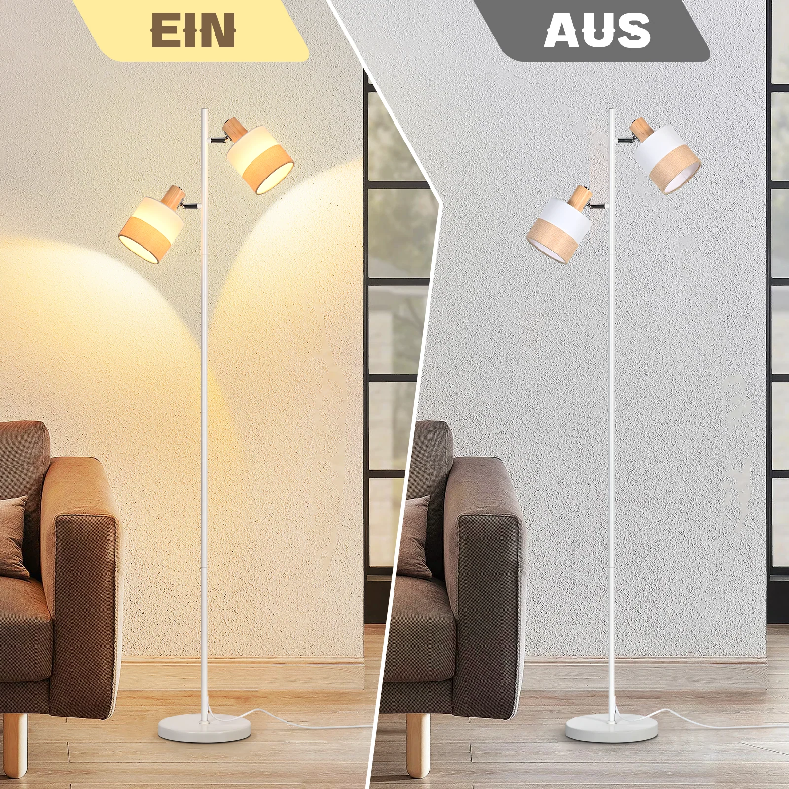 ZMH Stehlampe Vintage Holz 2 Flammig Stoff E14 Leselampe Retro Rustikal Standleuchte für Wohnzimmer - Image 7