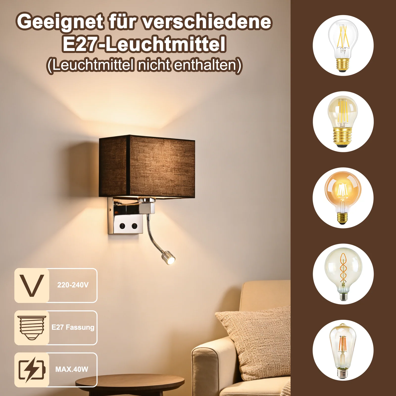 ZMH Wandlampe Schwarz Stoffschirm Modern Design E27 Wandleuchte mit LED Leselampe für Flur Bett - Image 4