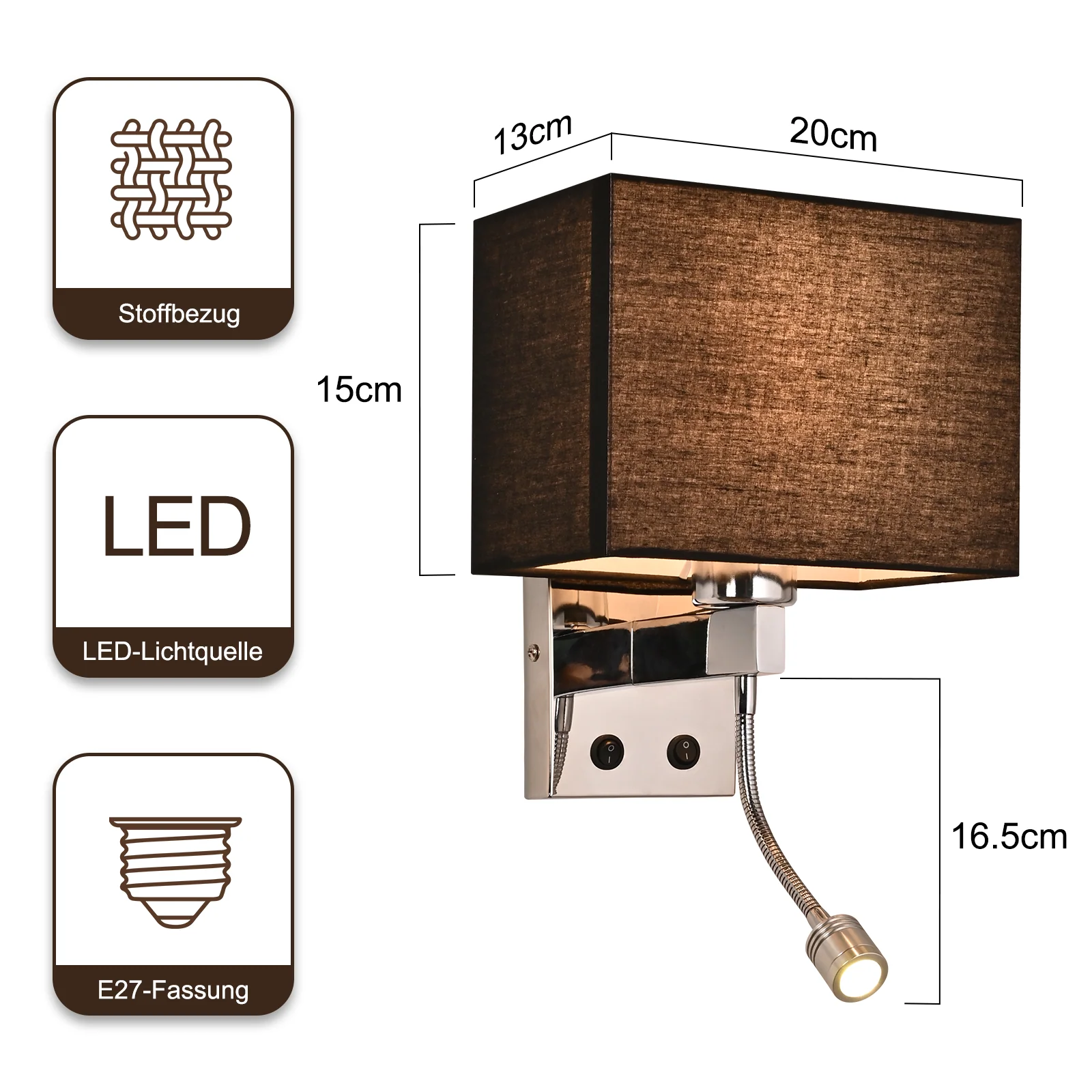 ZMH Wandlampe Schwarz Stoffschirm Modern Design E27 Wandleuchte mit LED Leselampe für Flur Bett - Image 5