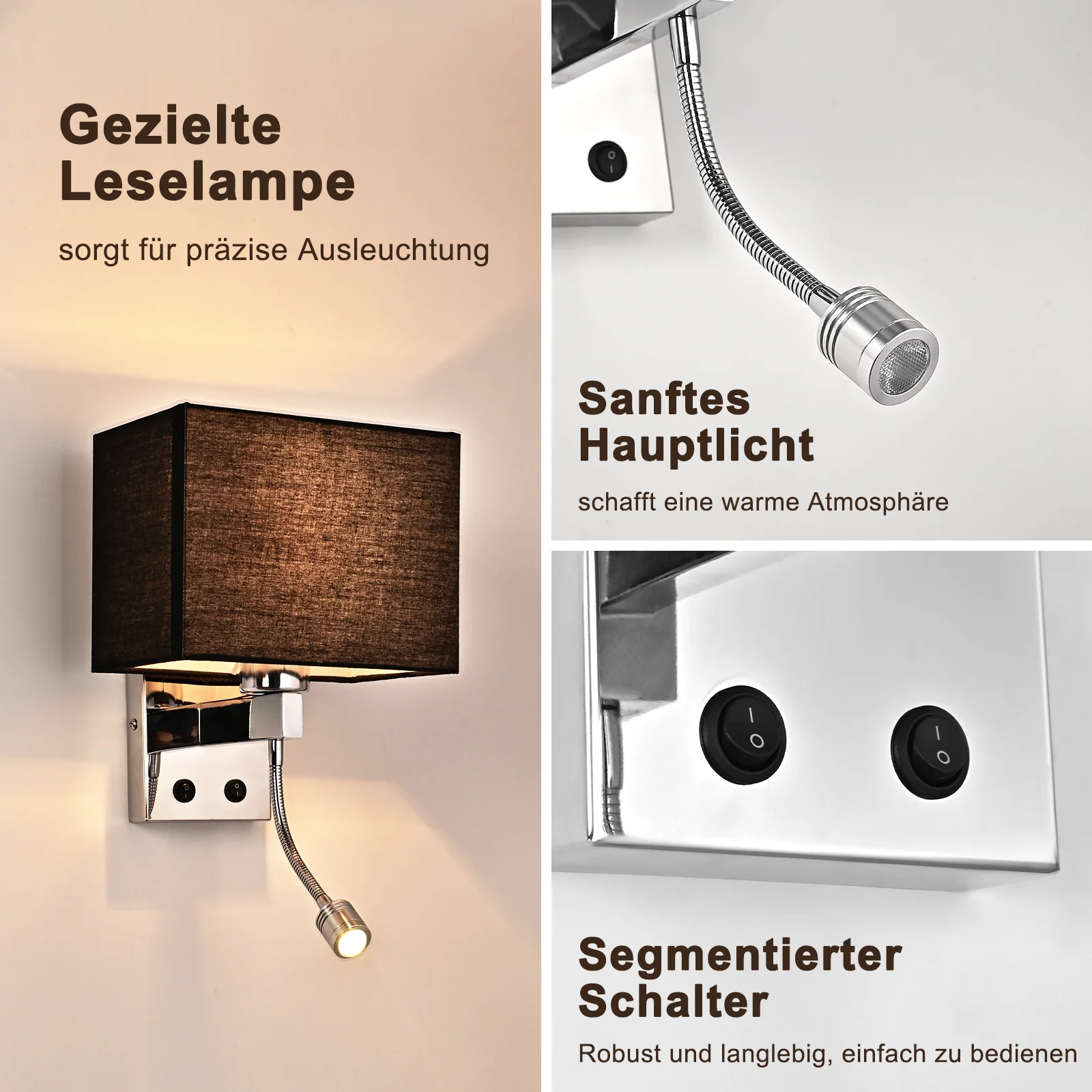 ZMH Wandlampe Schwarz Stoffschirm Modern Design E27 Wandleuchte mit LED Leselampe für Flur Bett - Image 6